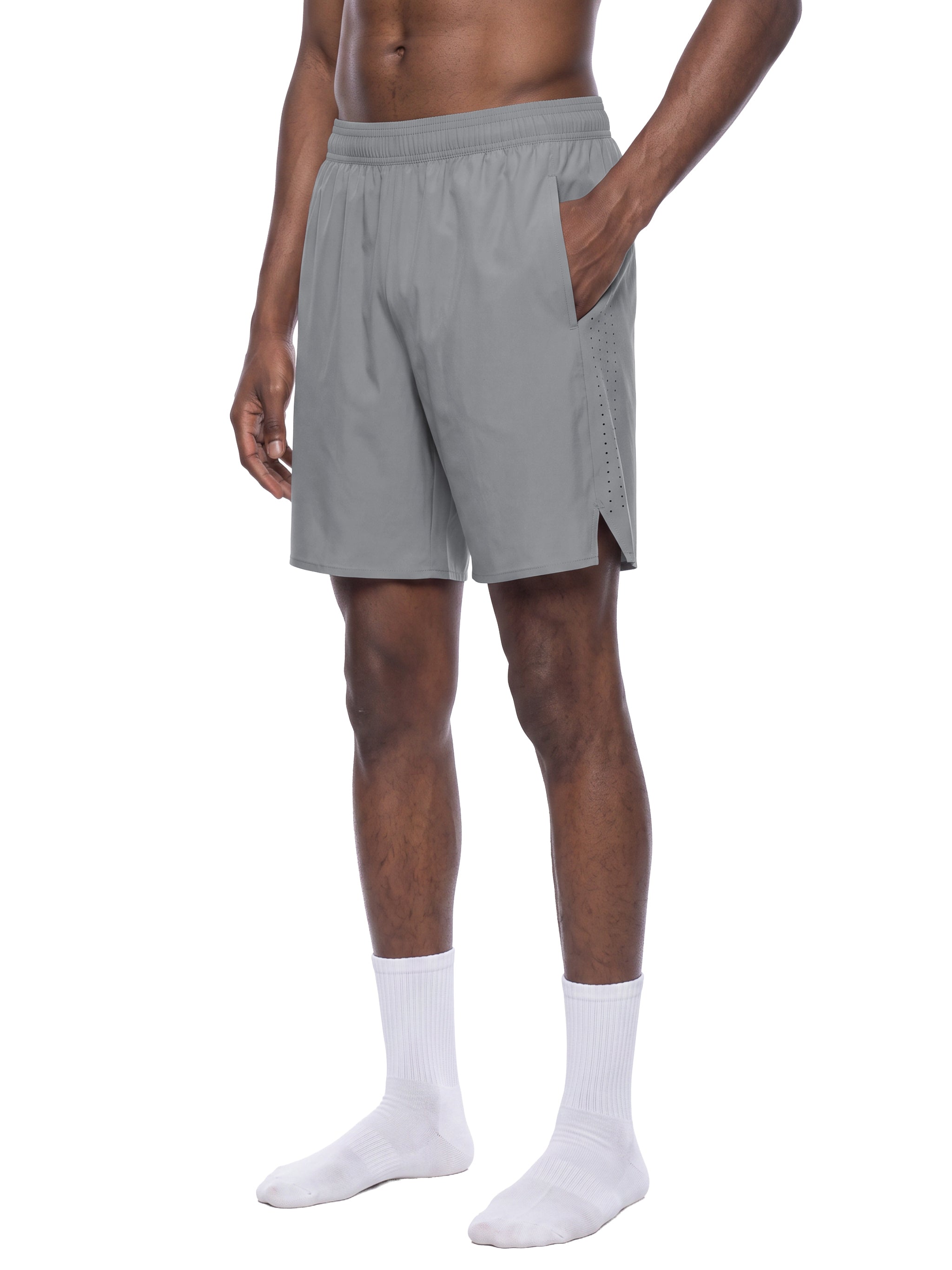 BLANKZ Regular Fit Performance Shorts — Light Gray, pocket styling on model