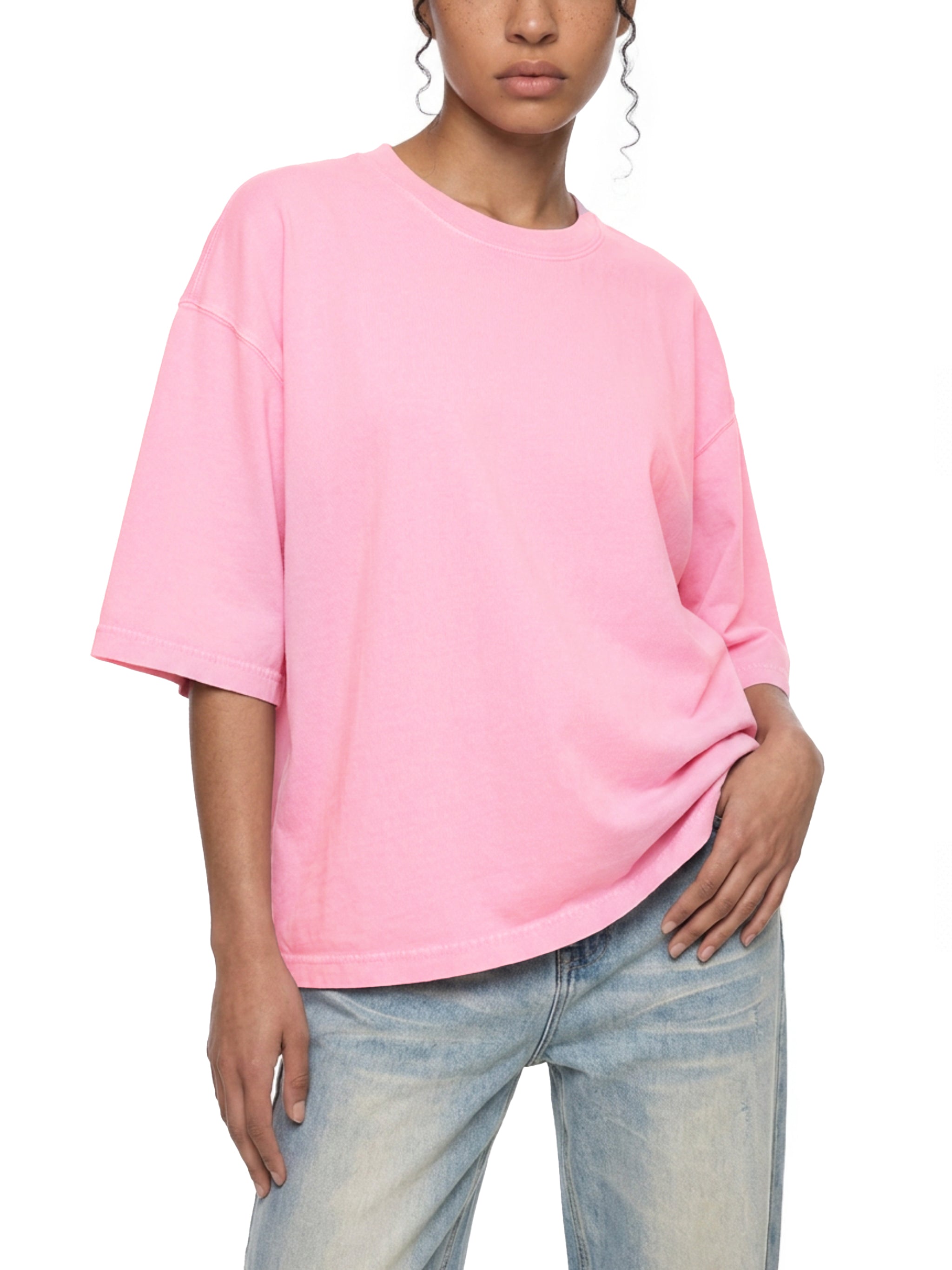BLANKZ Mineral Box Tee — Rose Pink, model front three-quarter view