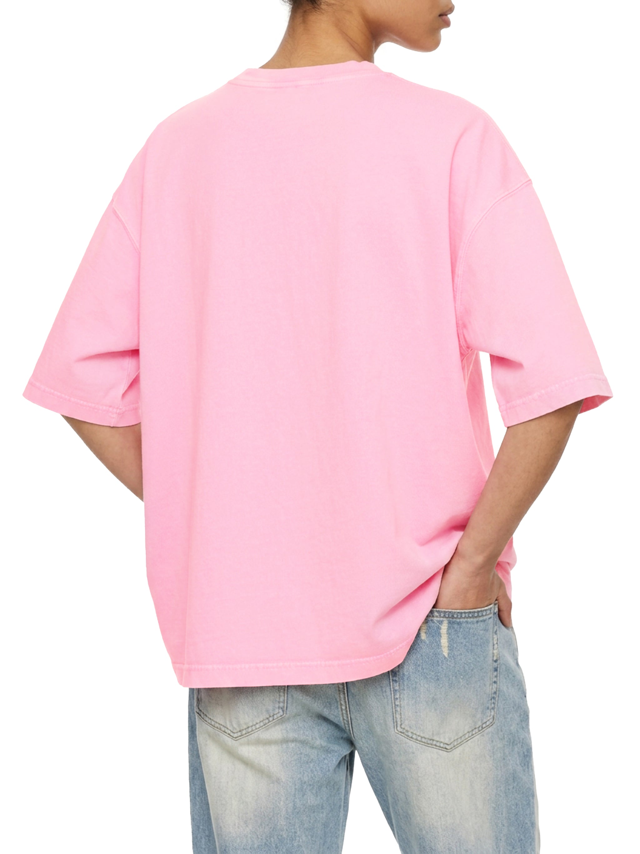 BLANKZ Mineral Box Tee — Rose Pink, model rear three-quarter view