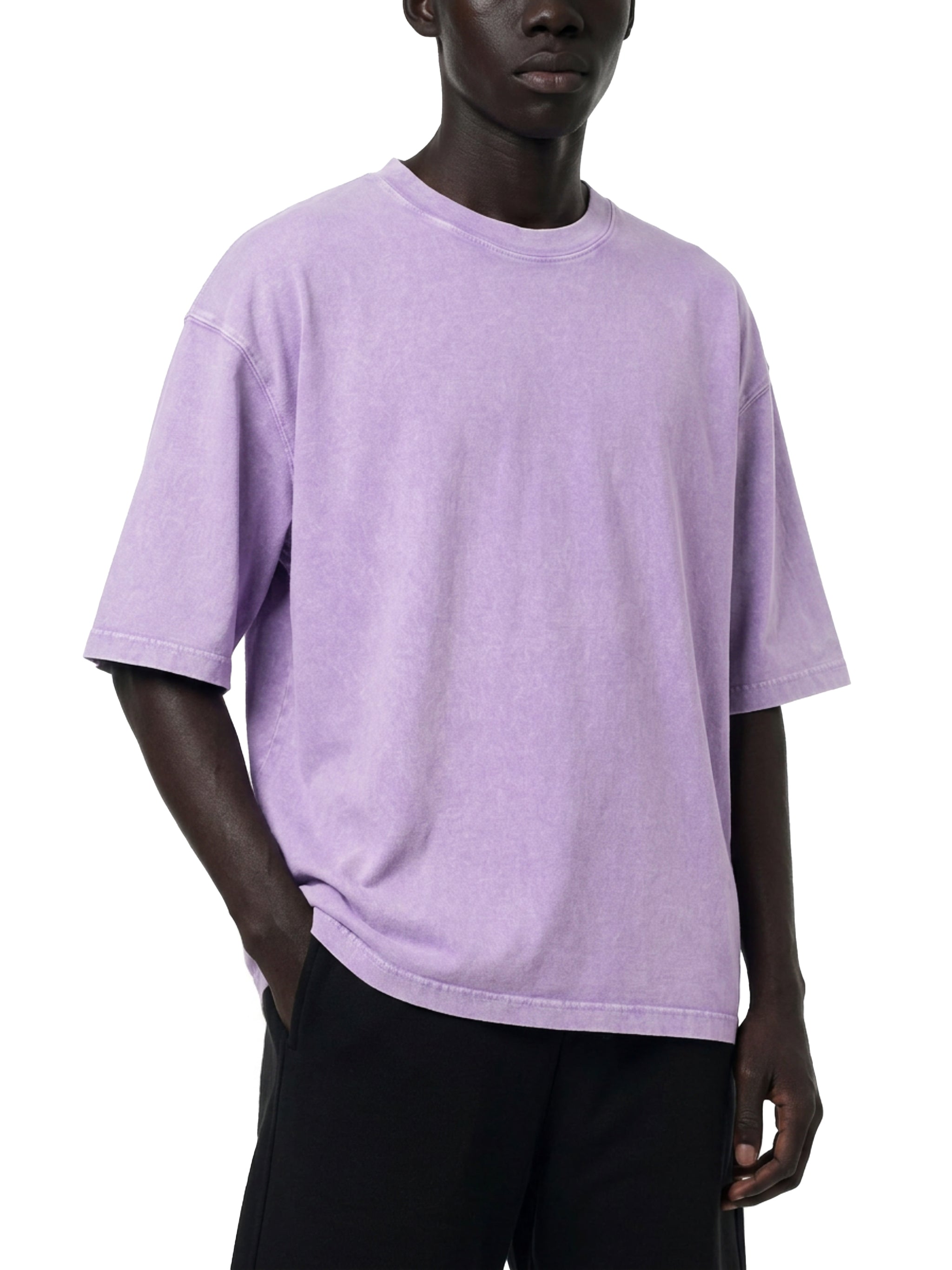 BLANKZ Mineral Box Tee — Purple, model front three-quarter view