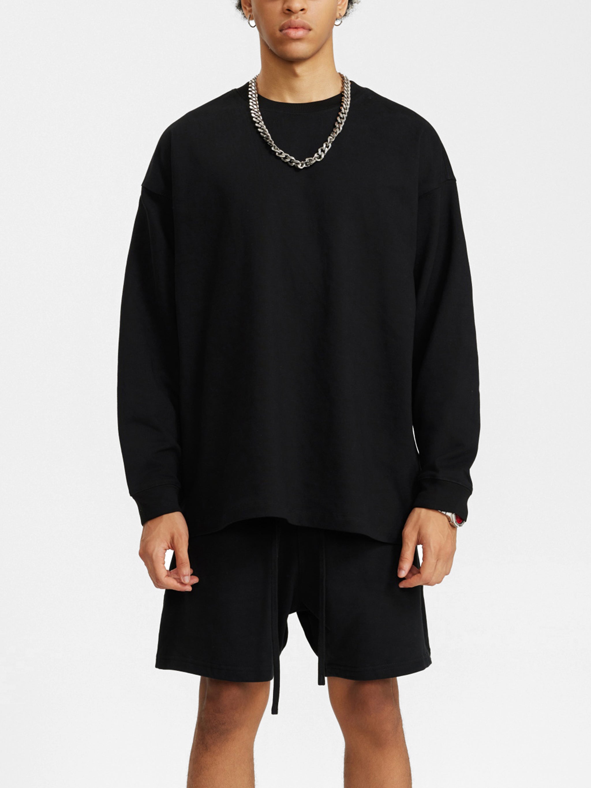 BLANKZ Oversized Long Sleeve 305 — Black — worn front view