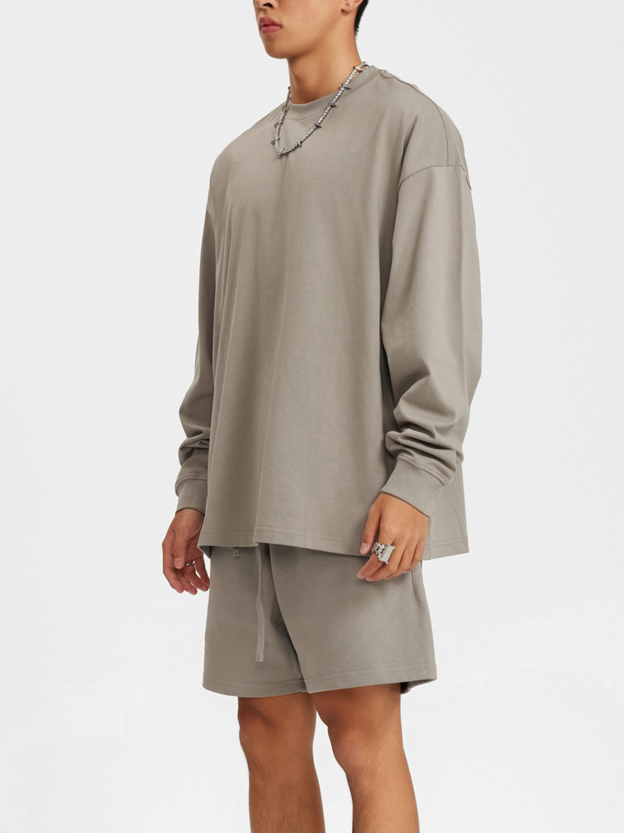 BLANKZ Oversized Long Sleeve 305 — Gray Camel — worn side view