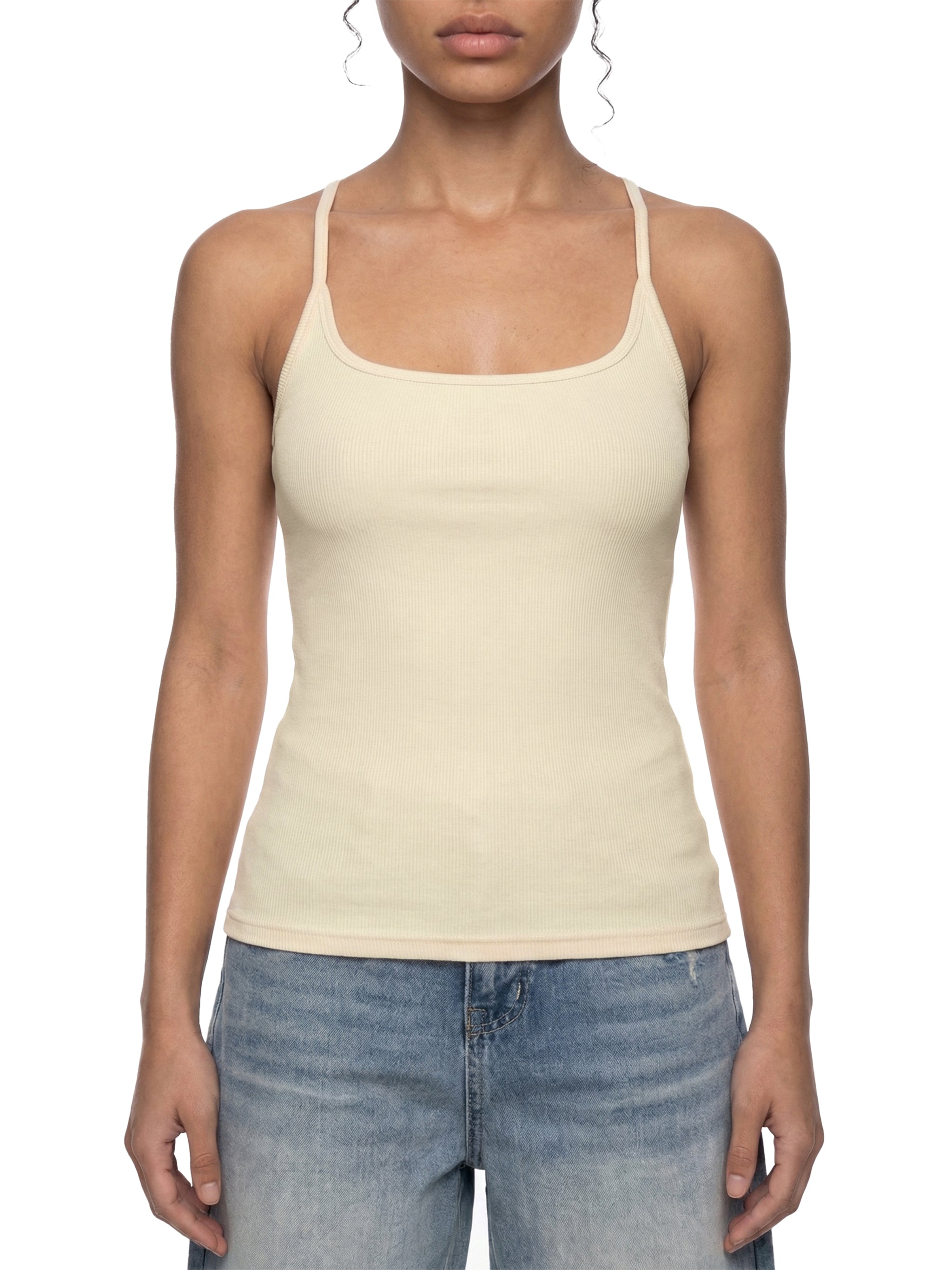 BLANKZ Slim Fit Ribbed Racerback Tank Top — Model wearing the garment, front view