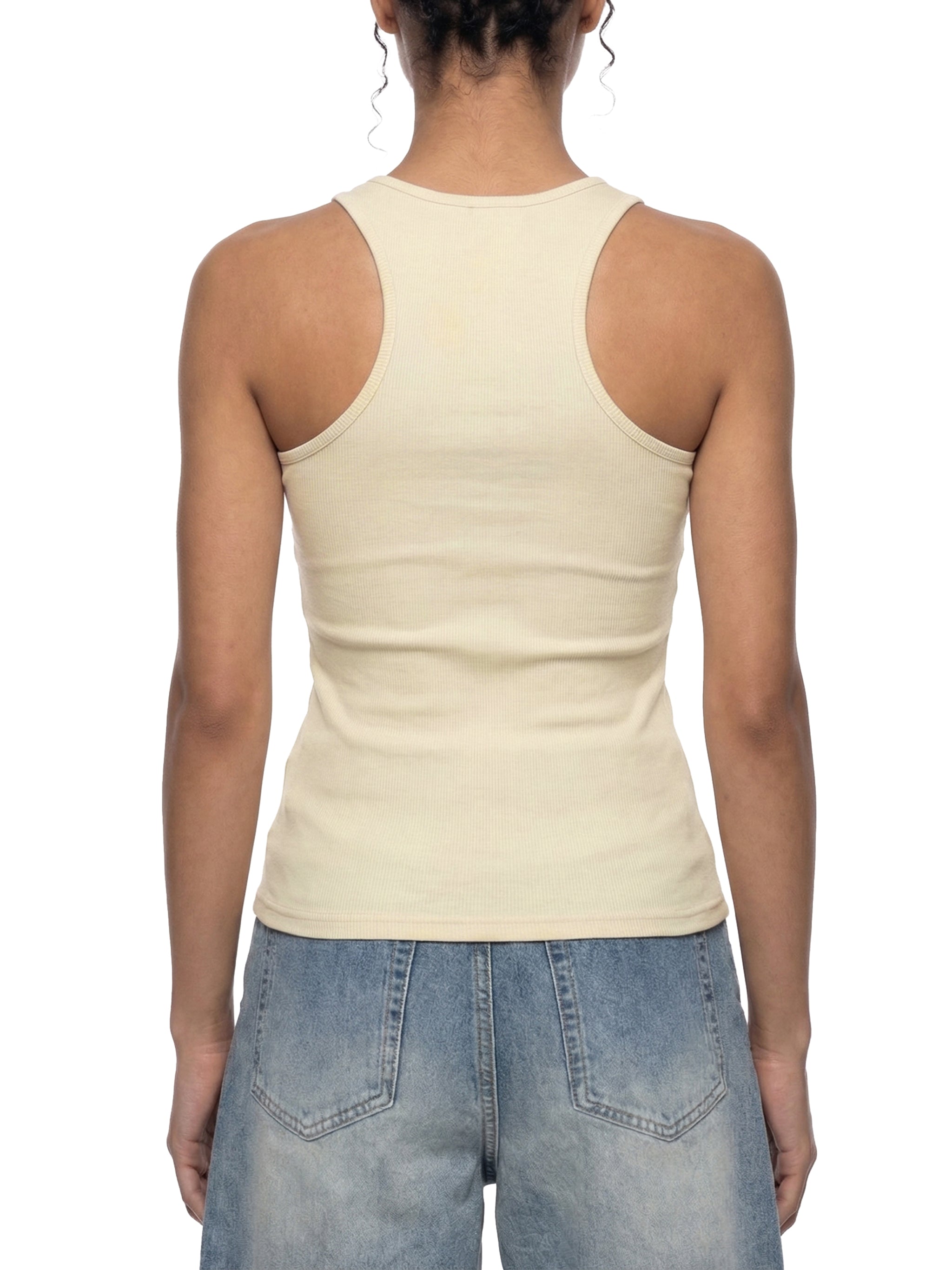 BLANKZ Slim Fit Ribbed Racerback Tank Top — Model wearing the garment, back view