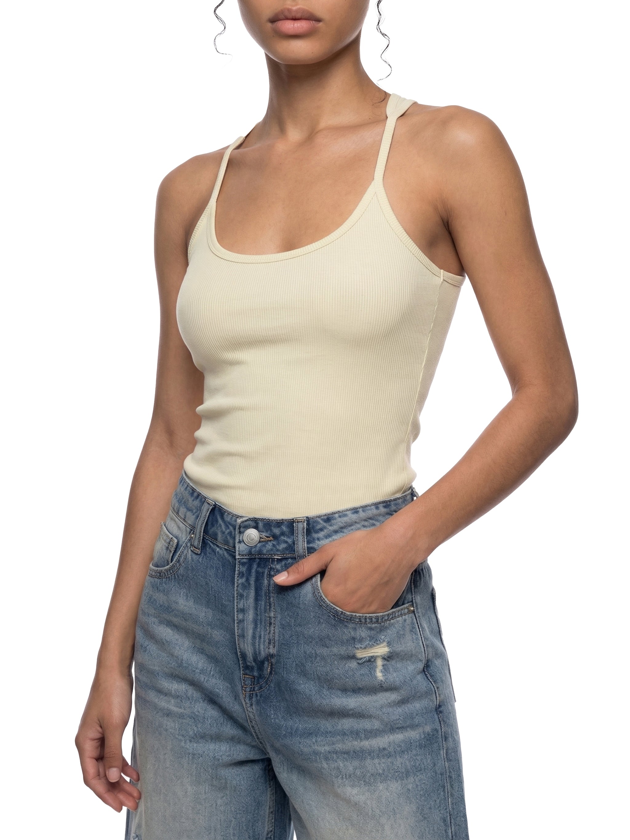 BLANKZ Slim Fit Ribbed Racerback Tank Top — Model wearing the garment, front view