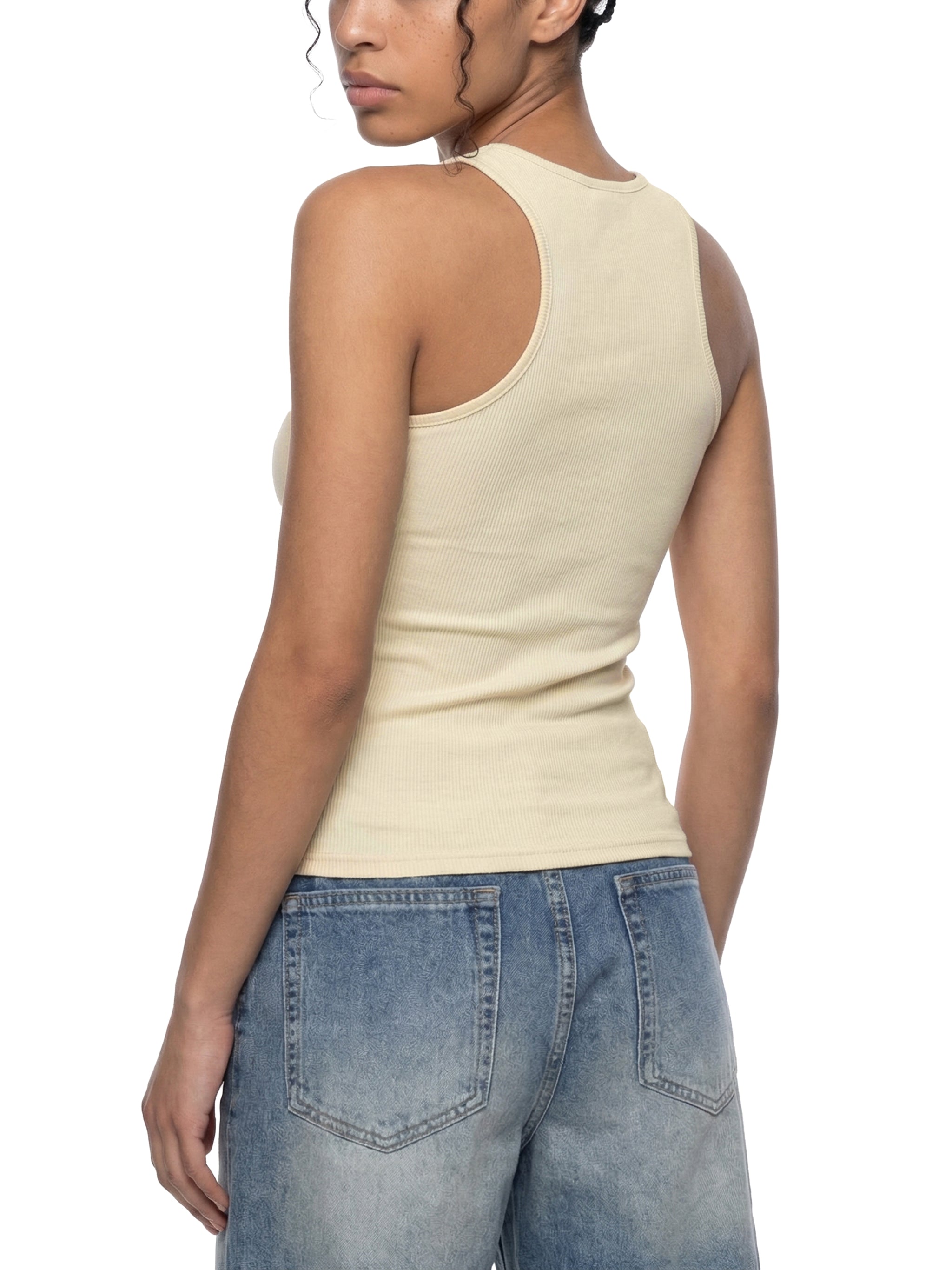 BLANKZ Slim Fit Ribbed Racerback Tank Top — Model wearing the garment, rear three-quarter view