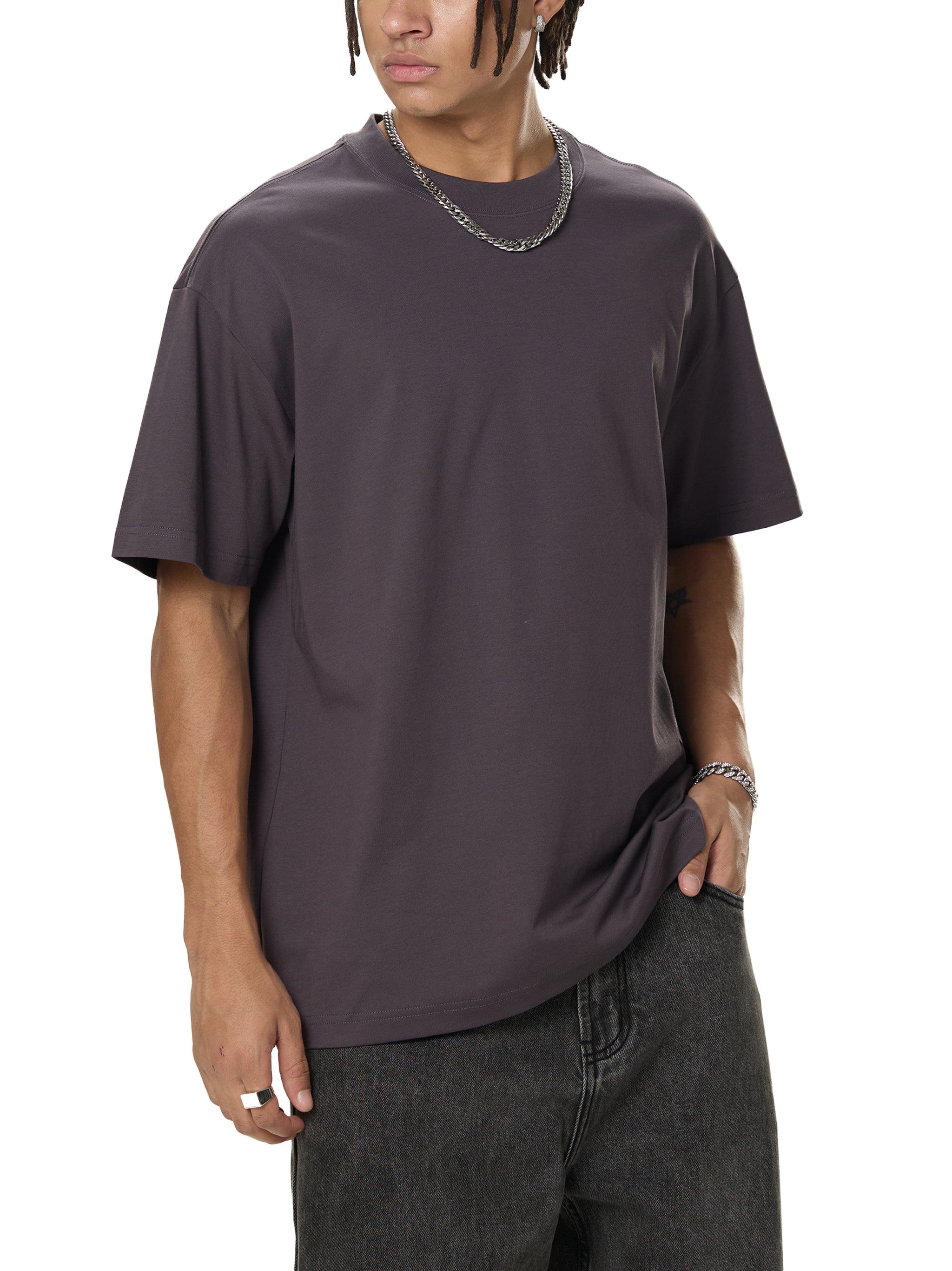 BLANKZ Sorona Quick-Dry Cooling Tee — Plum Purple, angled front on male model
