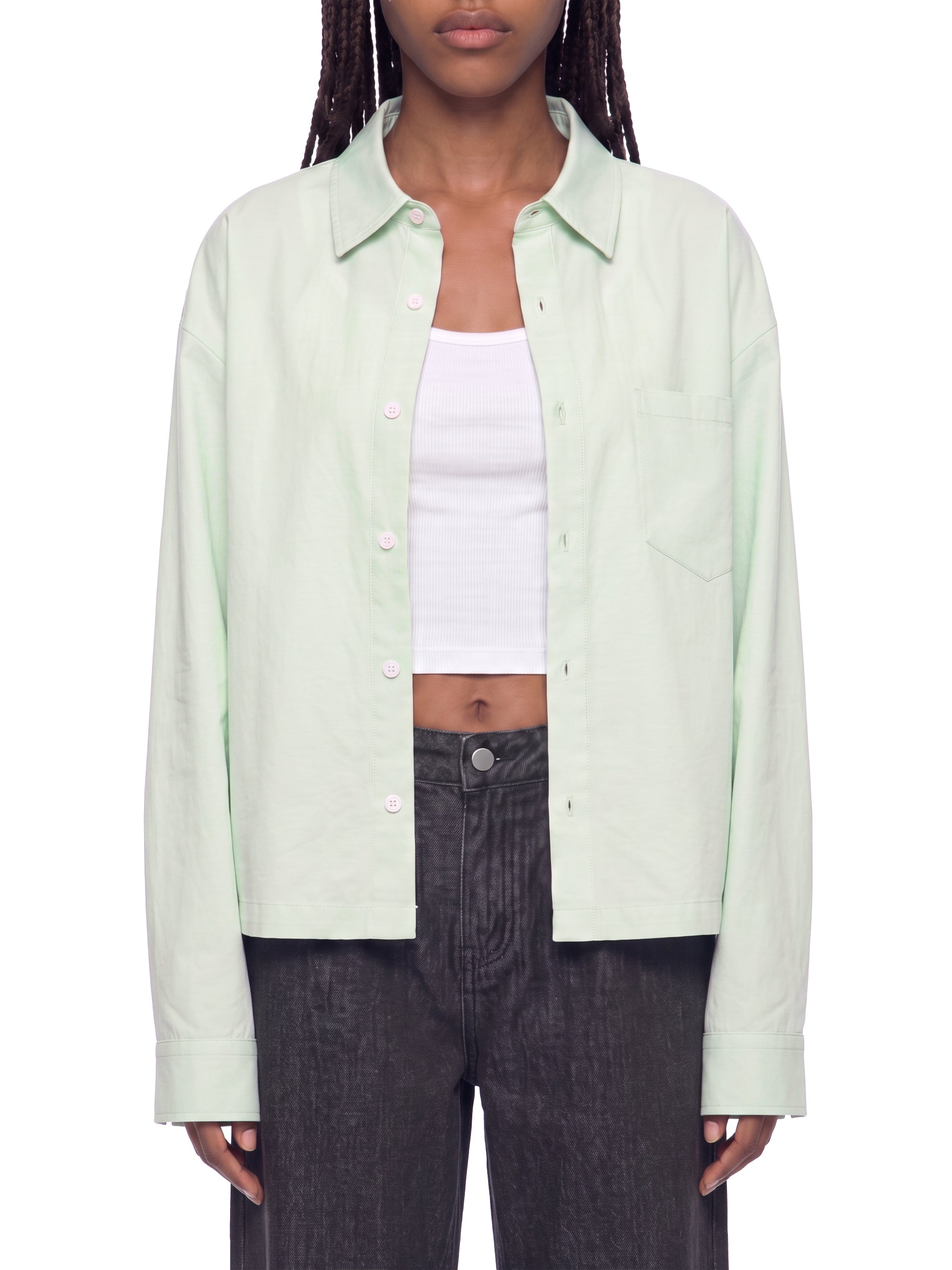 BLANKZ Light Long-Sleeve Shirt — Model wearing the garment, front with buttons open view