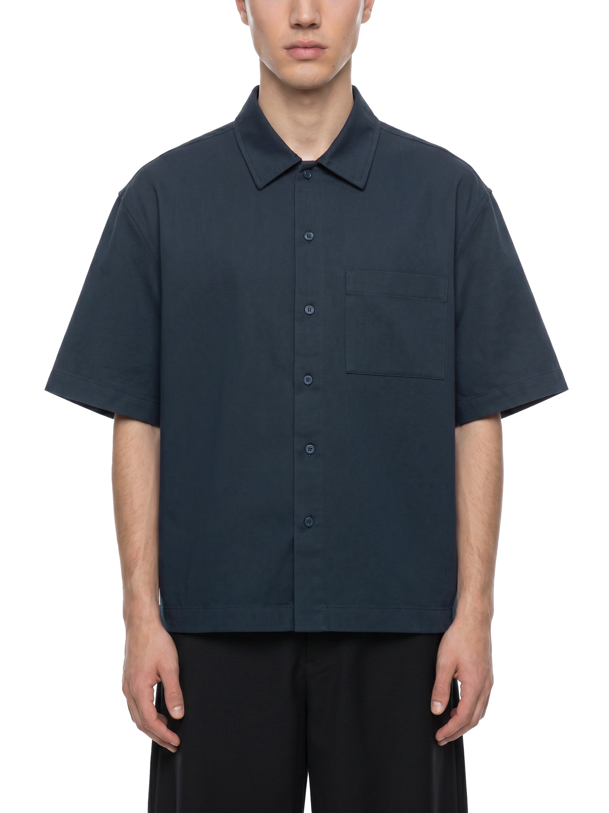 BLANKZ Patch-Pocket Shirt — Navy Blue — worn front view