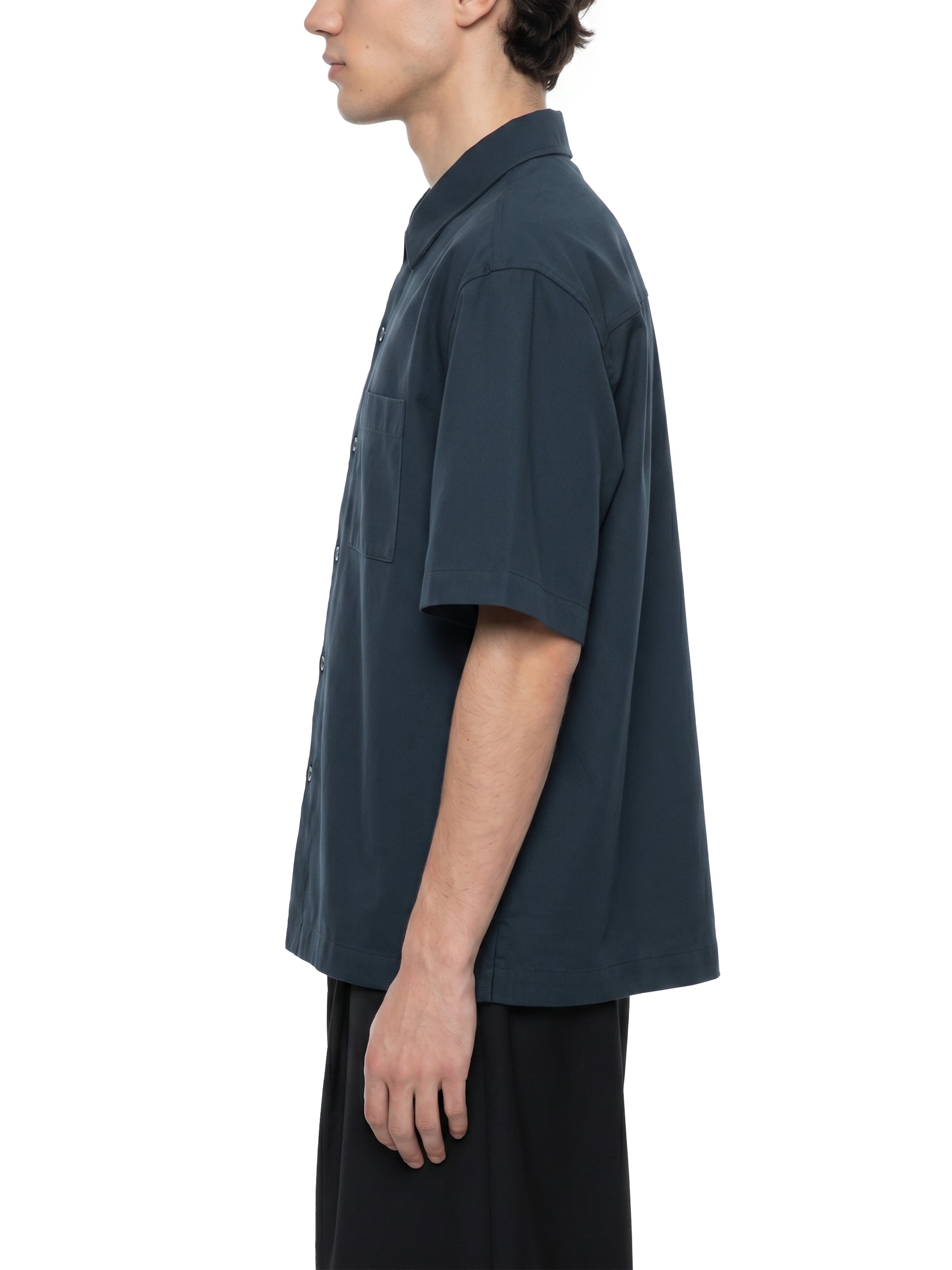 BLANKZ Patch-Pocket Shirt — Navy Blue — worn side view