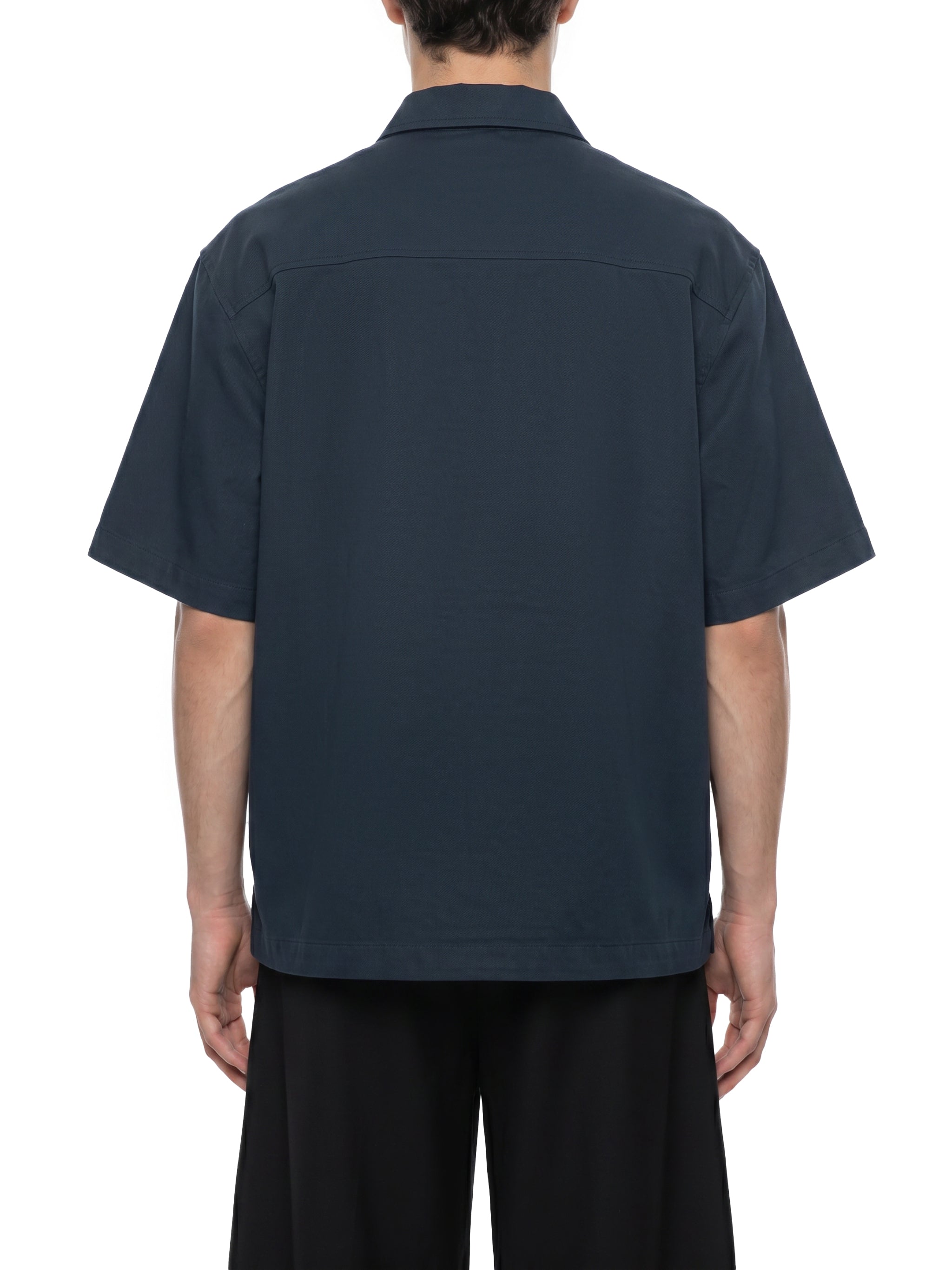 BLANKZ Patch-Pocket Shirt — Navy Blue — worn back view