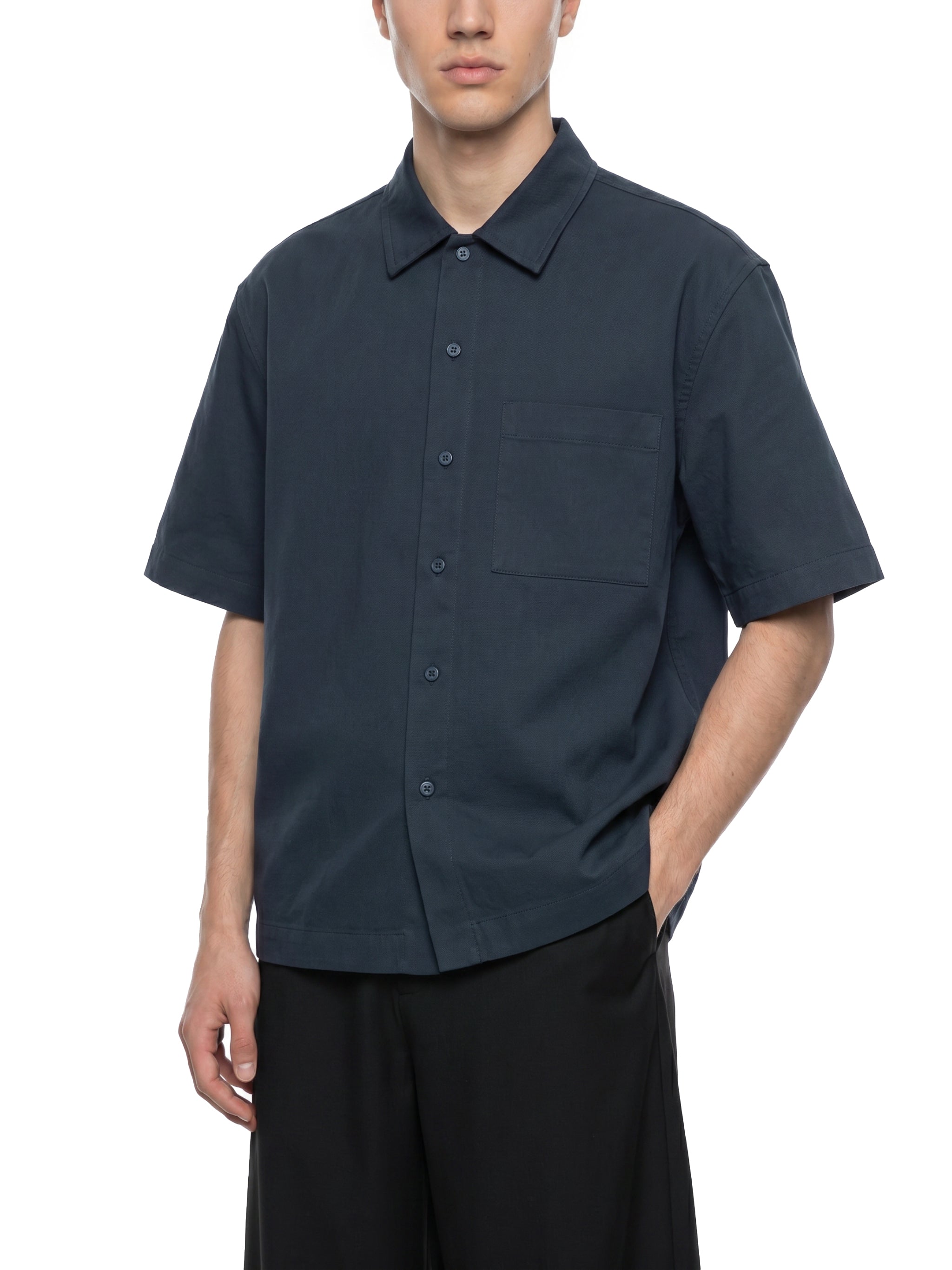 BLANKZ Patch-Pocket Shirt — Navy Blue — relaxed front pose