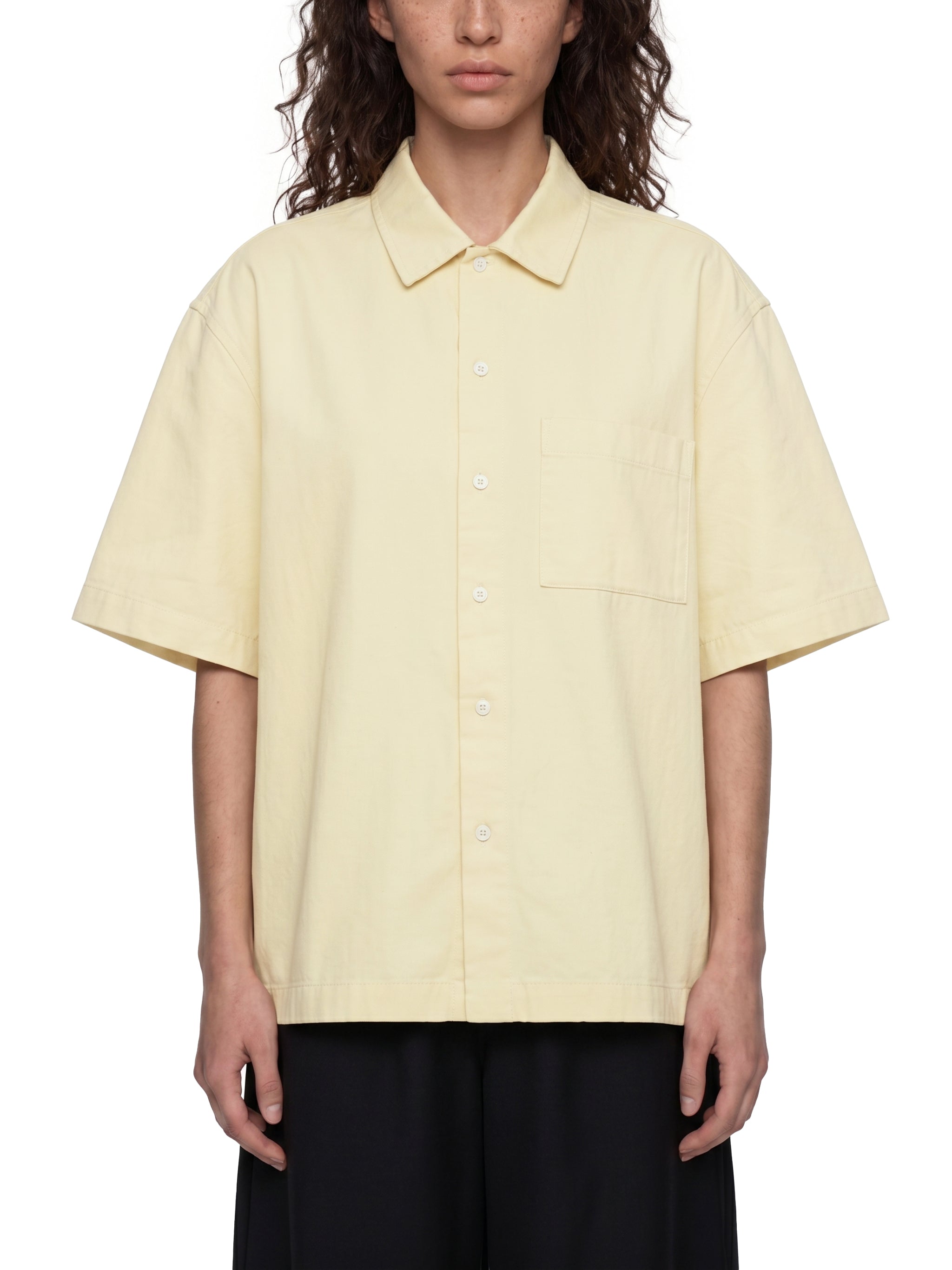 BLANKZ Patch-Pocket Shirt — Apricot — worn front view