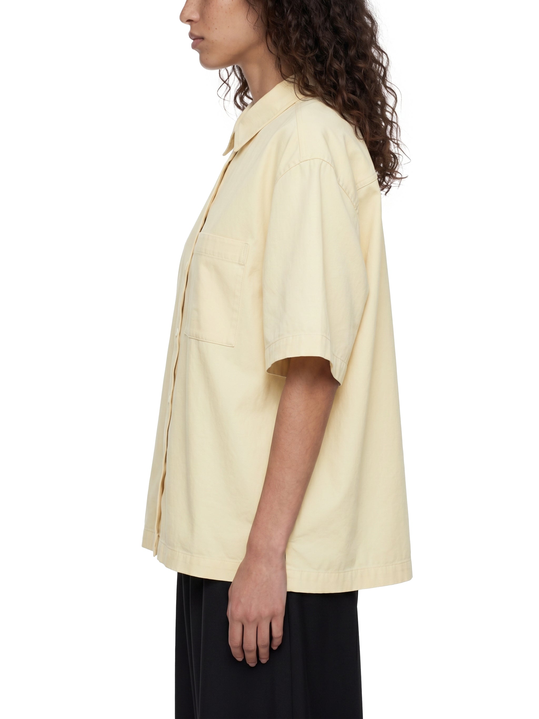 BLANKZ Patch-Pocket Shirt — Apricot — worn side view