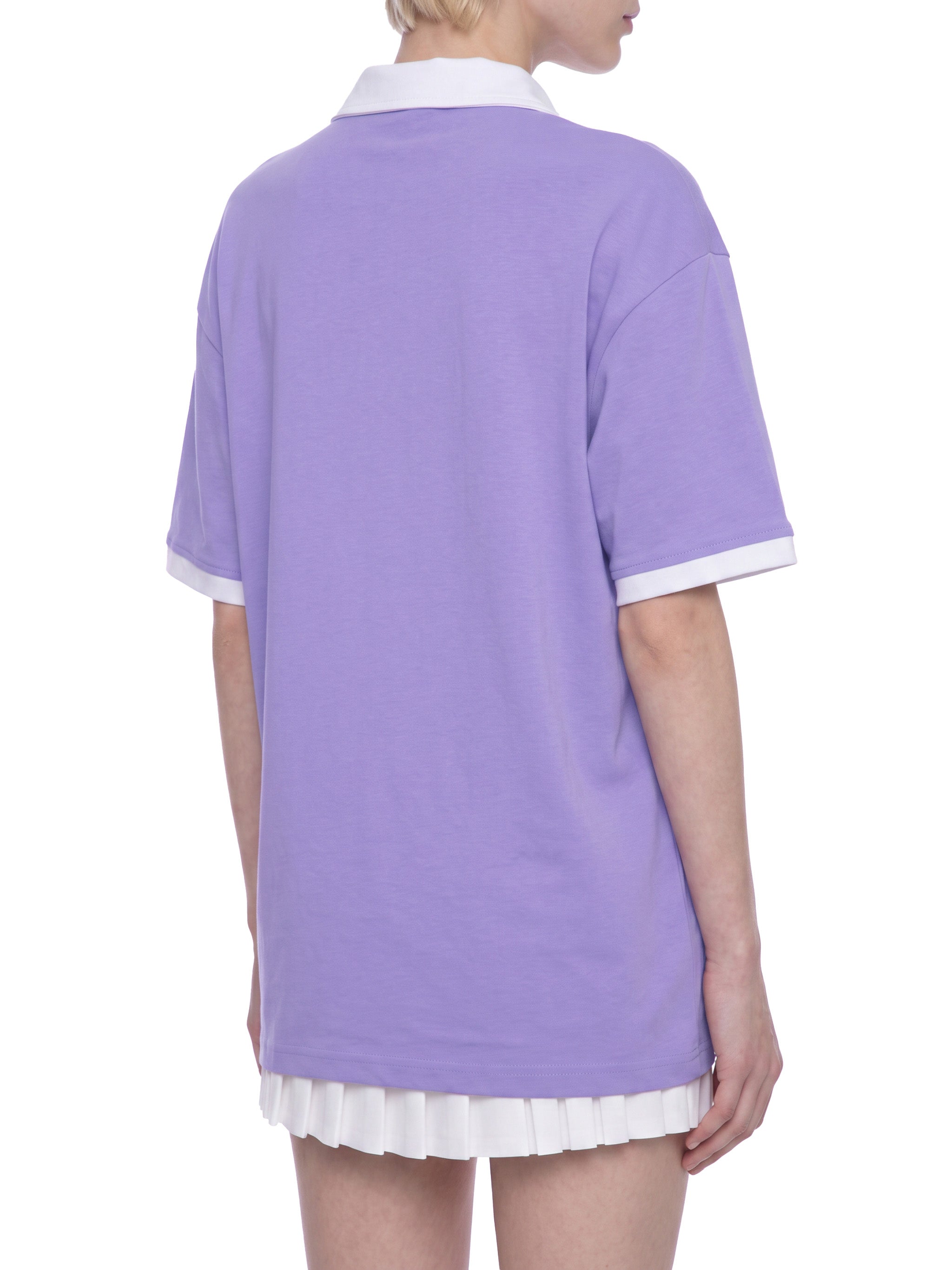 BLANKZ Color Block Polo Shirt — Light Purple with White — angled back view