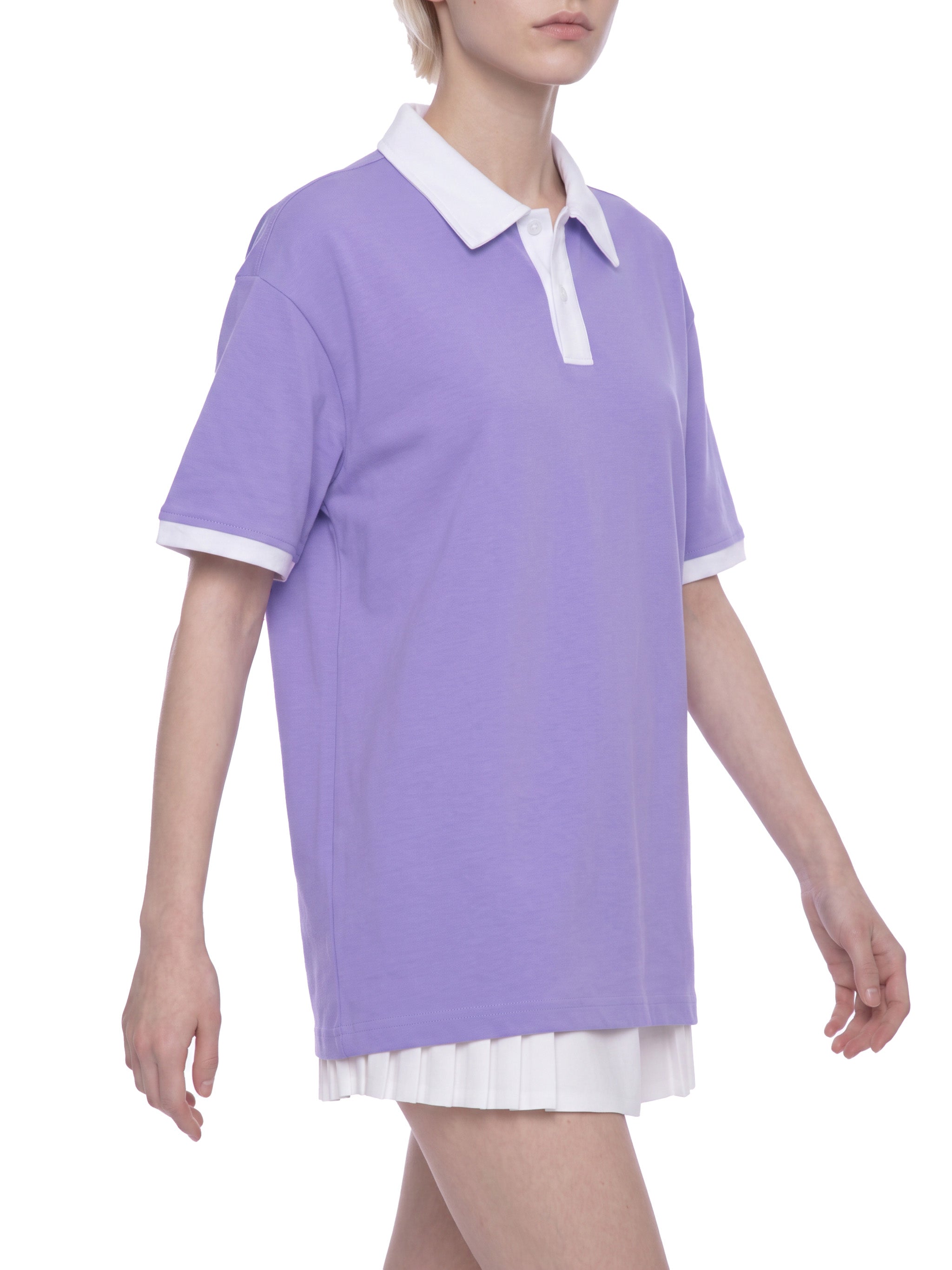 BLANKZ Color Block Polo Shirt — Light Purple with White — walking front view