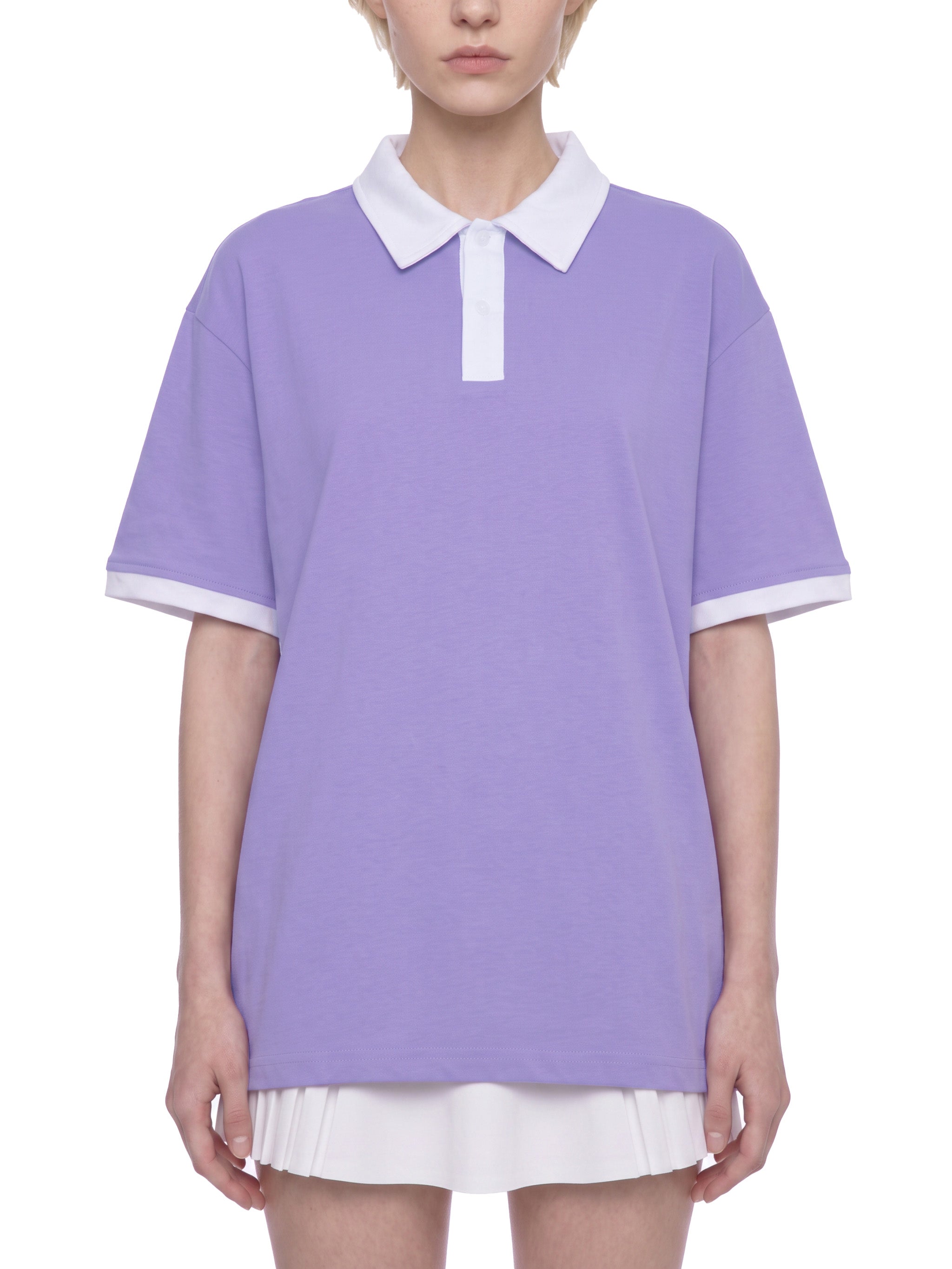 BLANKZ Color Block Polo Shirt — Light Purple with White — worn front view