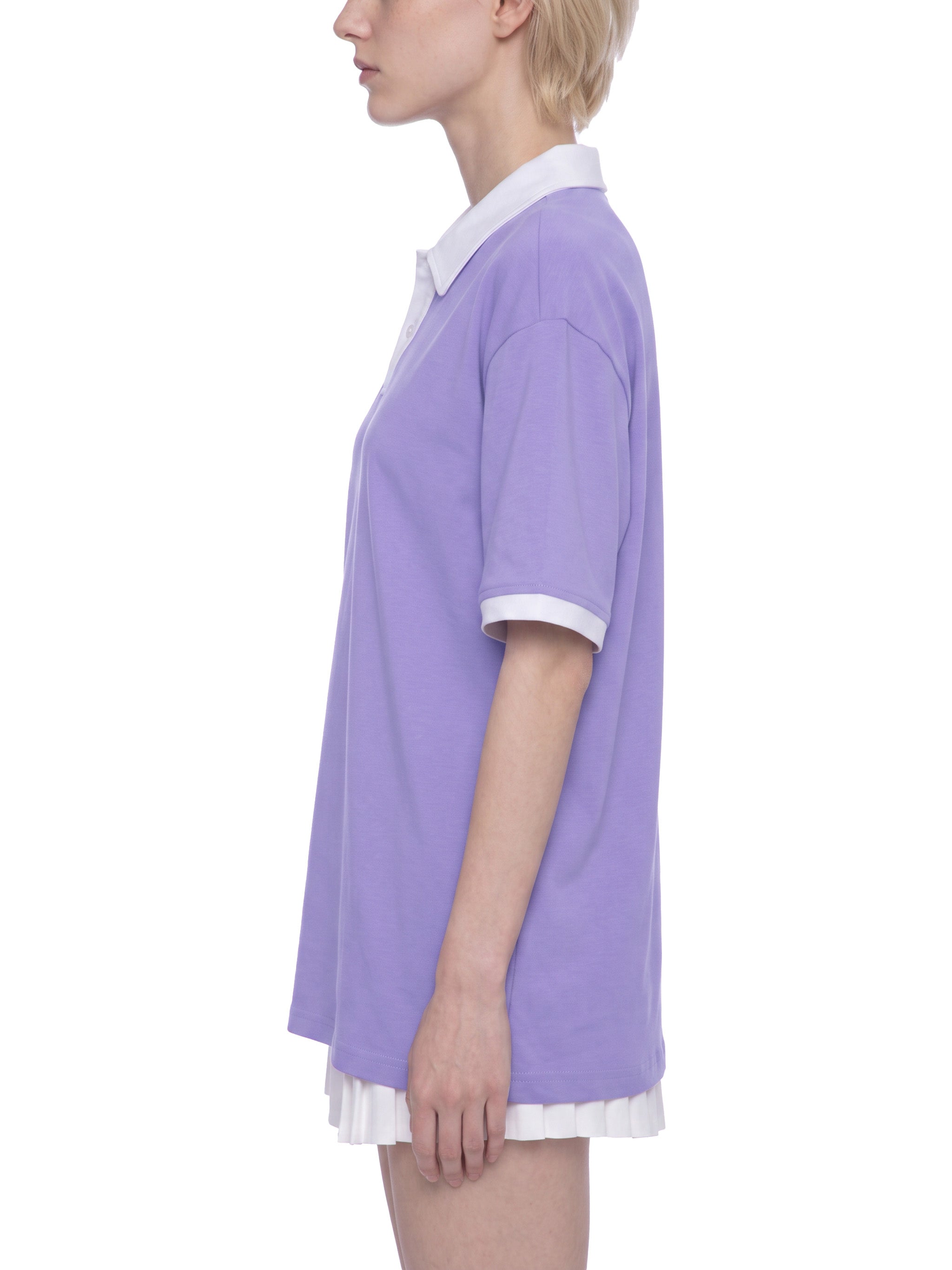 BLANKZ Color Block Polo Shirt — Light Purple with White — worn side view