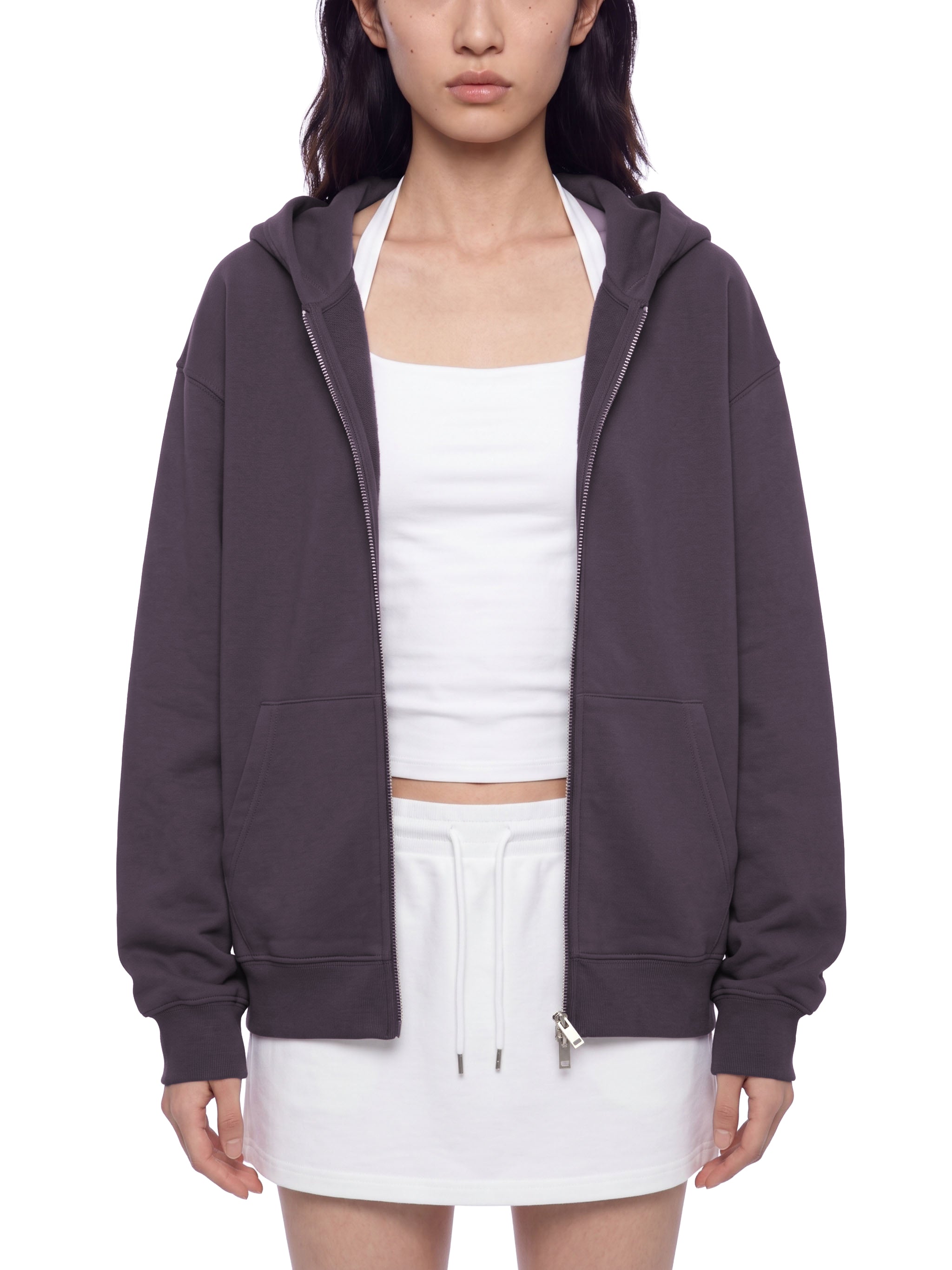 BLANKZ Heavyweight Zip Hoodie 420 — Model wearing the garment, front with zip open view