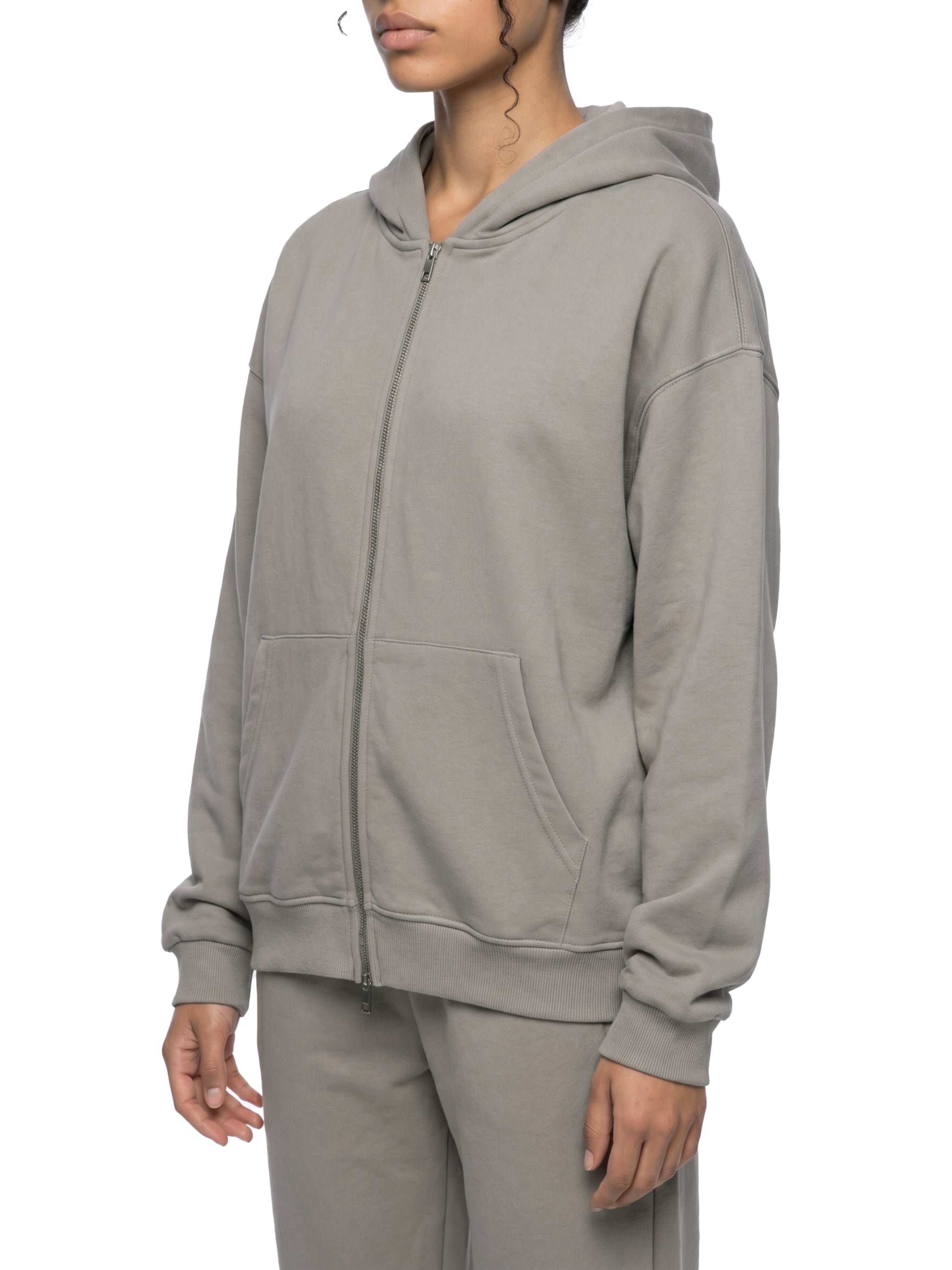 BLANKZ Heavy Loose Zip Hoodie — Light Gray — angled front view