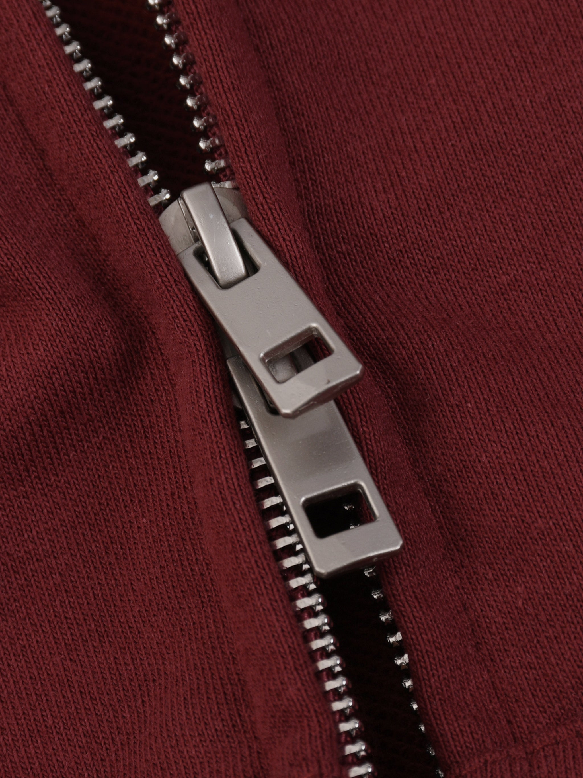 BLANKZ Heavy Loose Zip Hoodie — Dark Red — front zip close-up