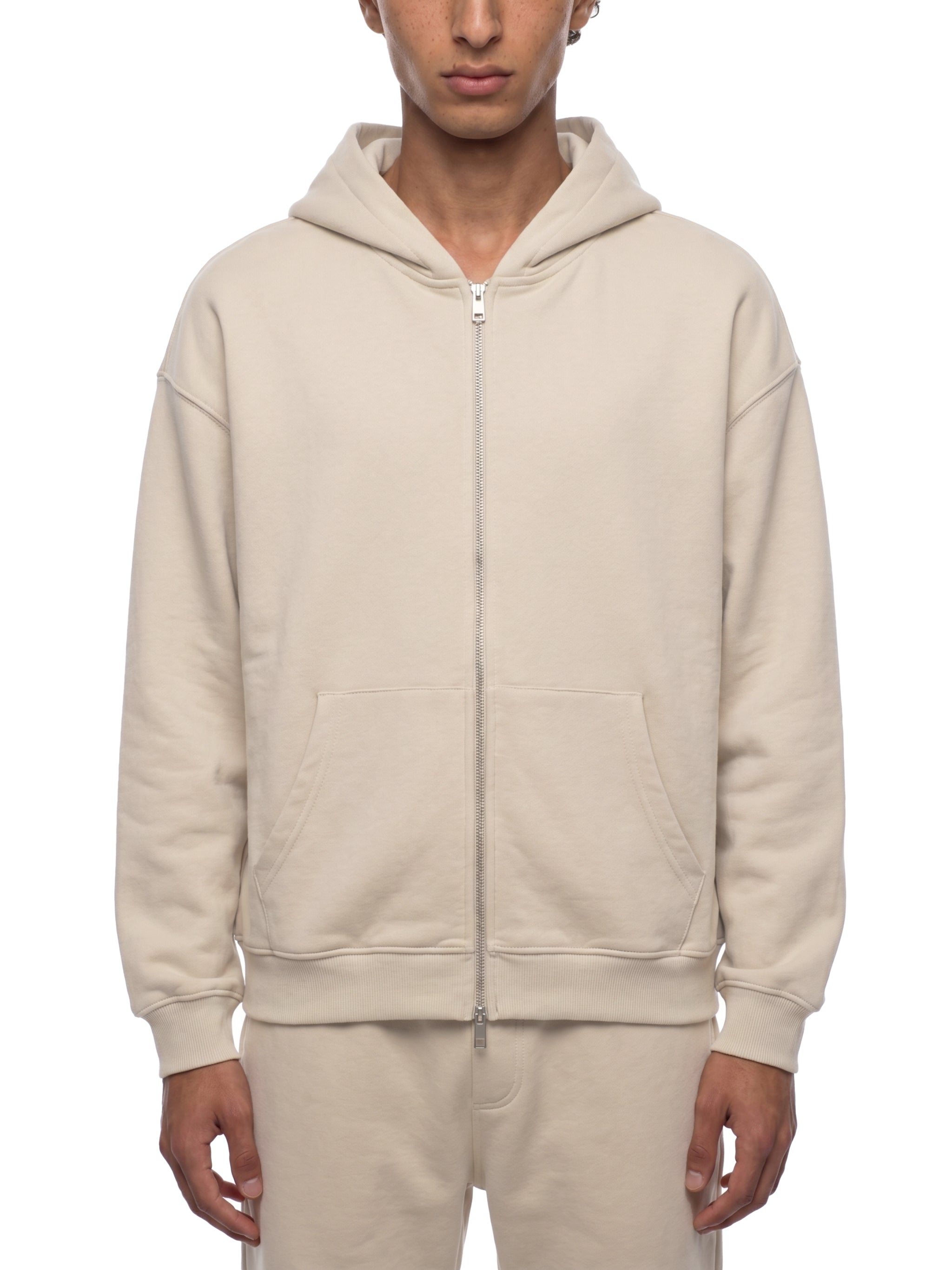 BLANKZ Heavy Loose Zip Hoodie — Apricot — worn front view