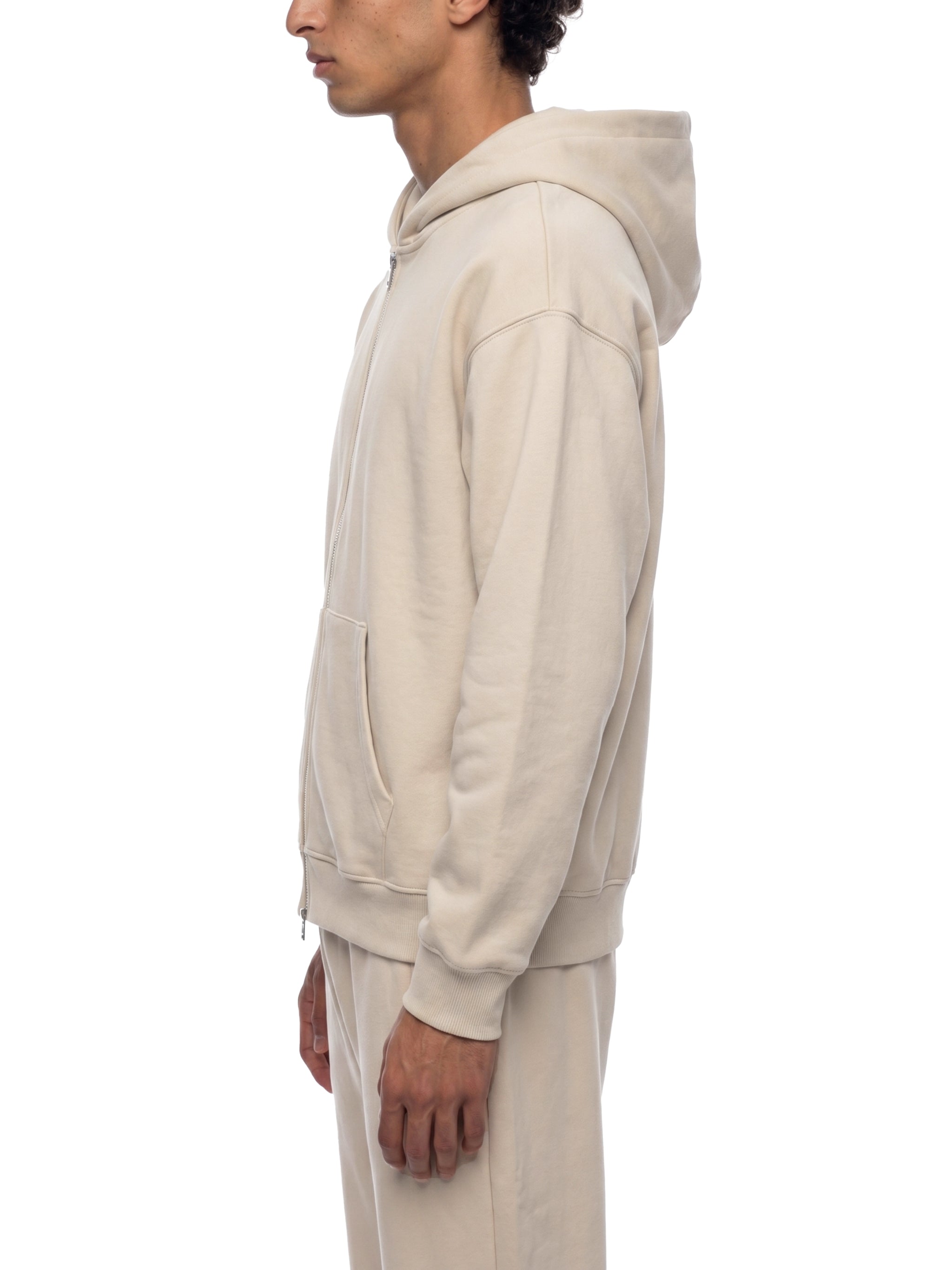 BLANKZ Heavy Loose Zip Hoodie — Apricot — worn side view
