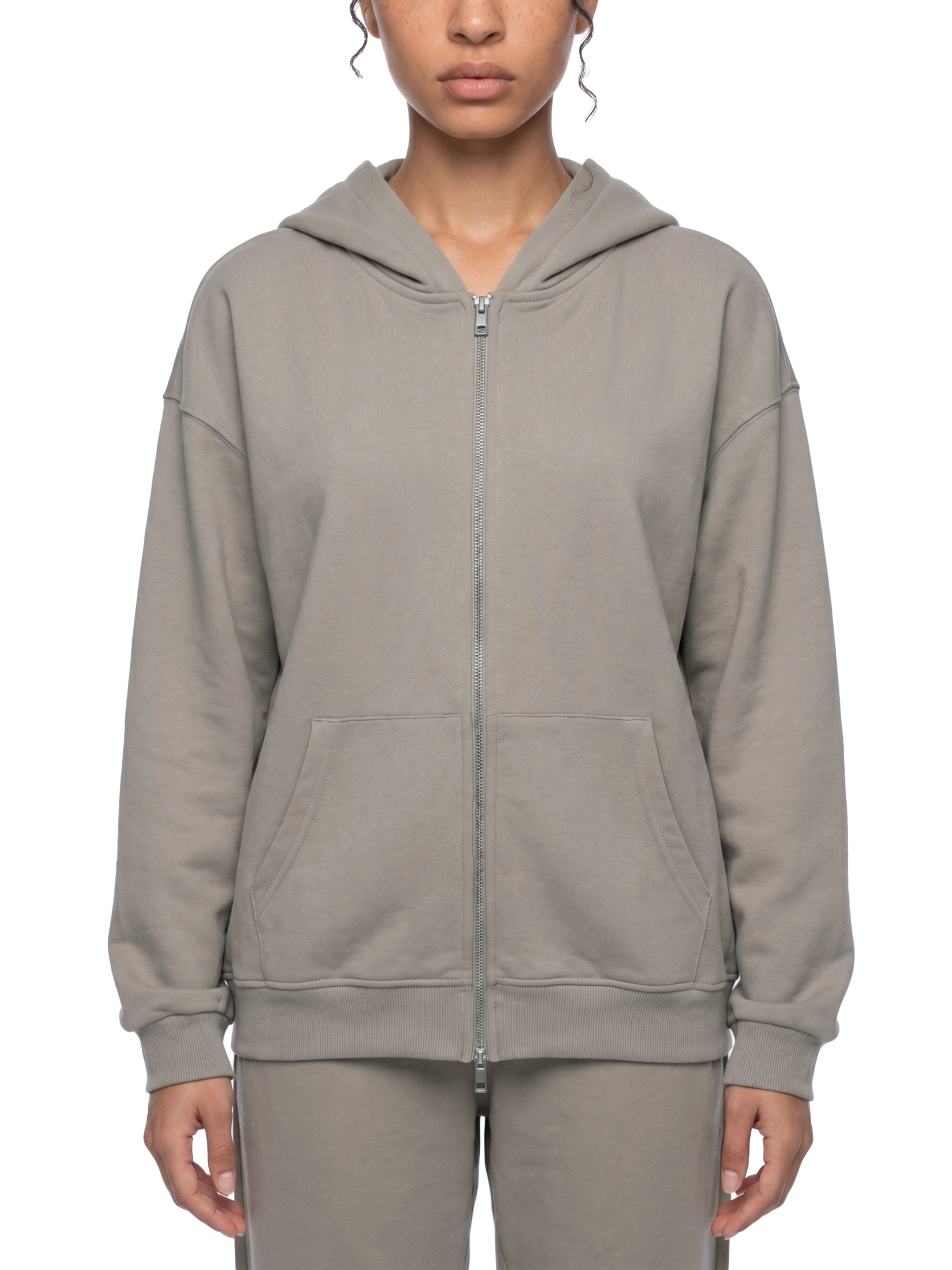 BLANKZ Heavy Loose Zip Hoodie — Light Gray — worn front view