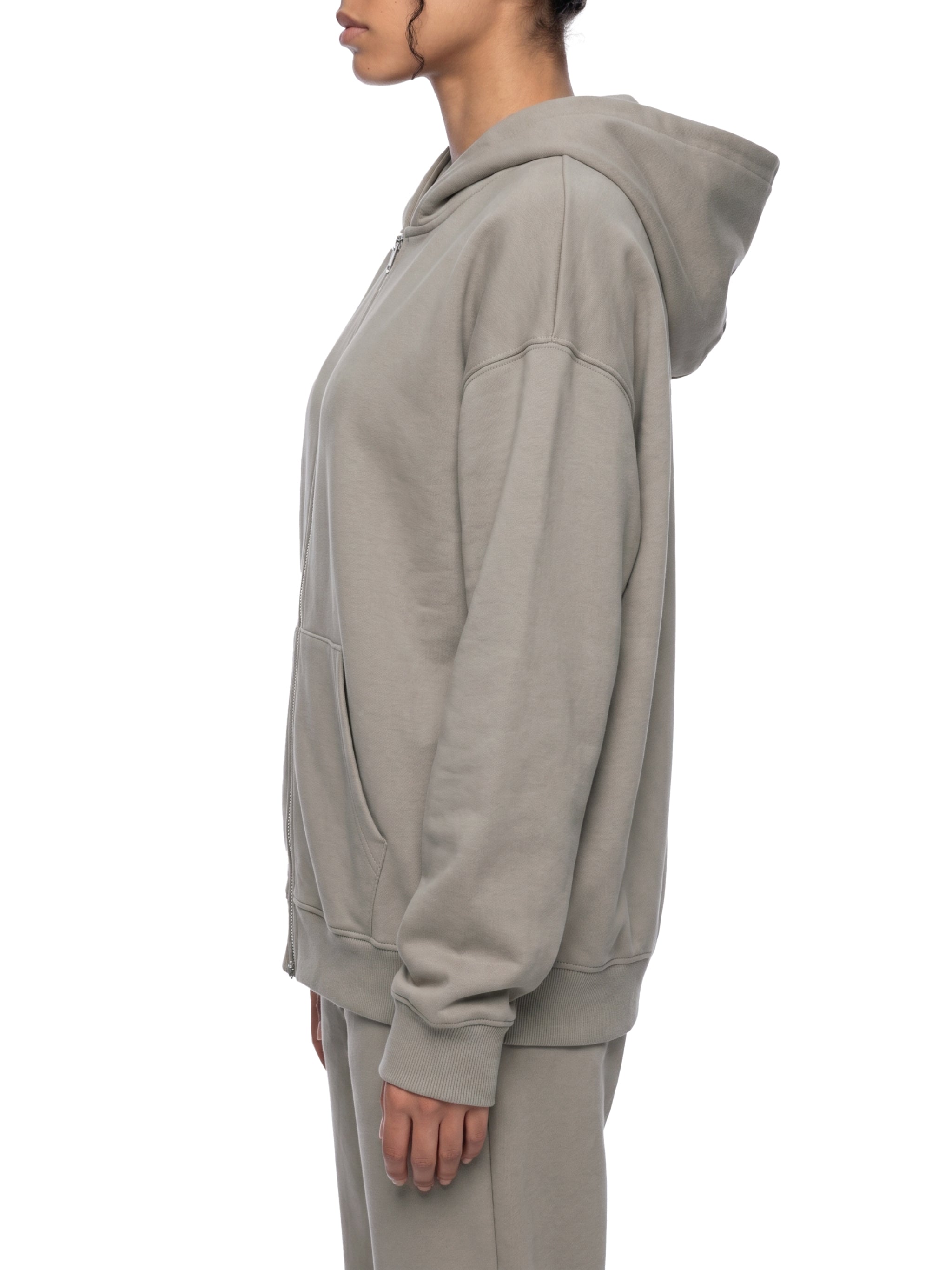 BLANKZ Heavy Loose Zip Hoodie — Light Gray — worn side view