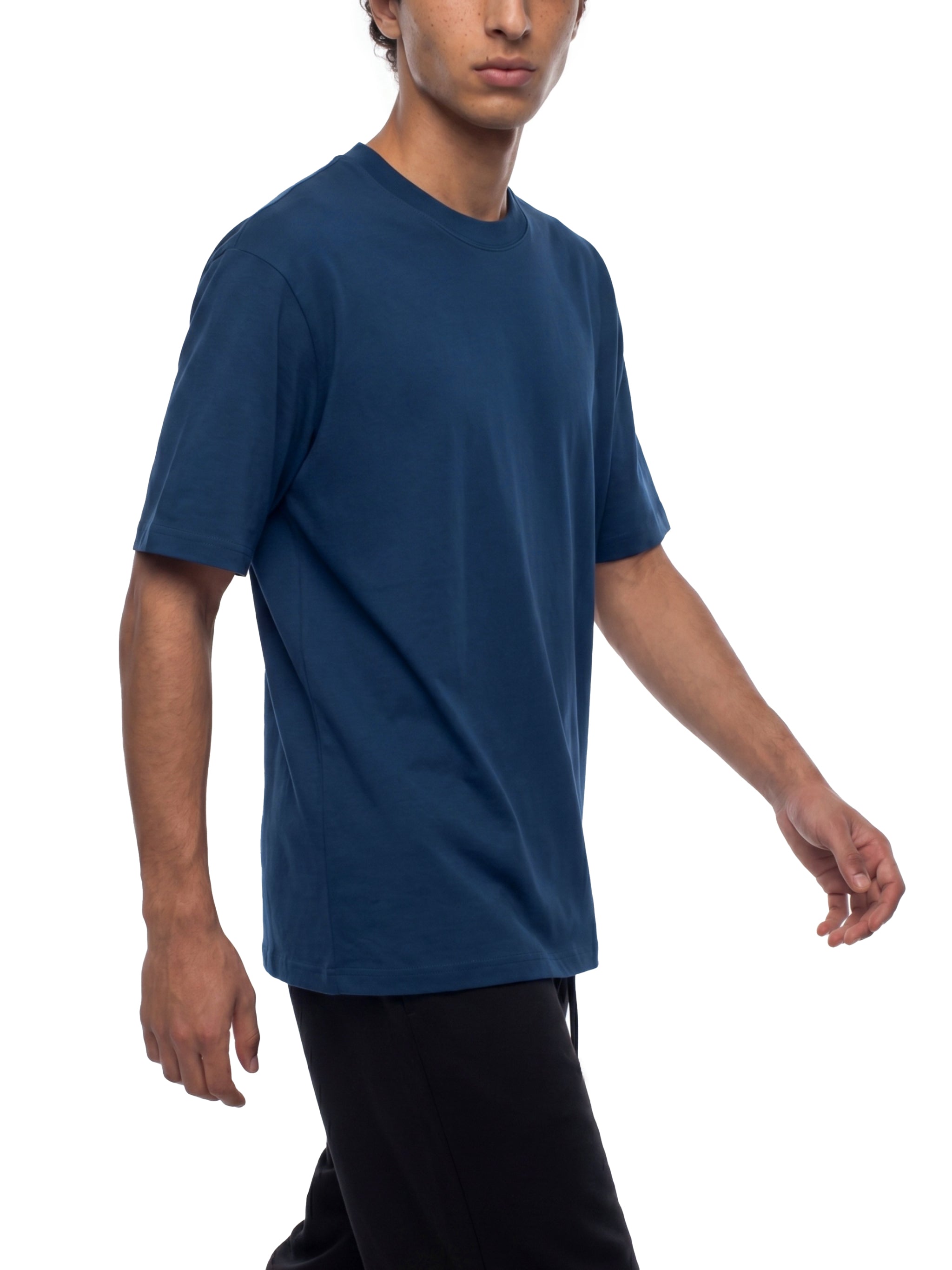 BLANKZ Midweight Cotton Tee — Navy Blue, model front three-quarter view