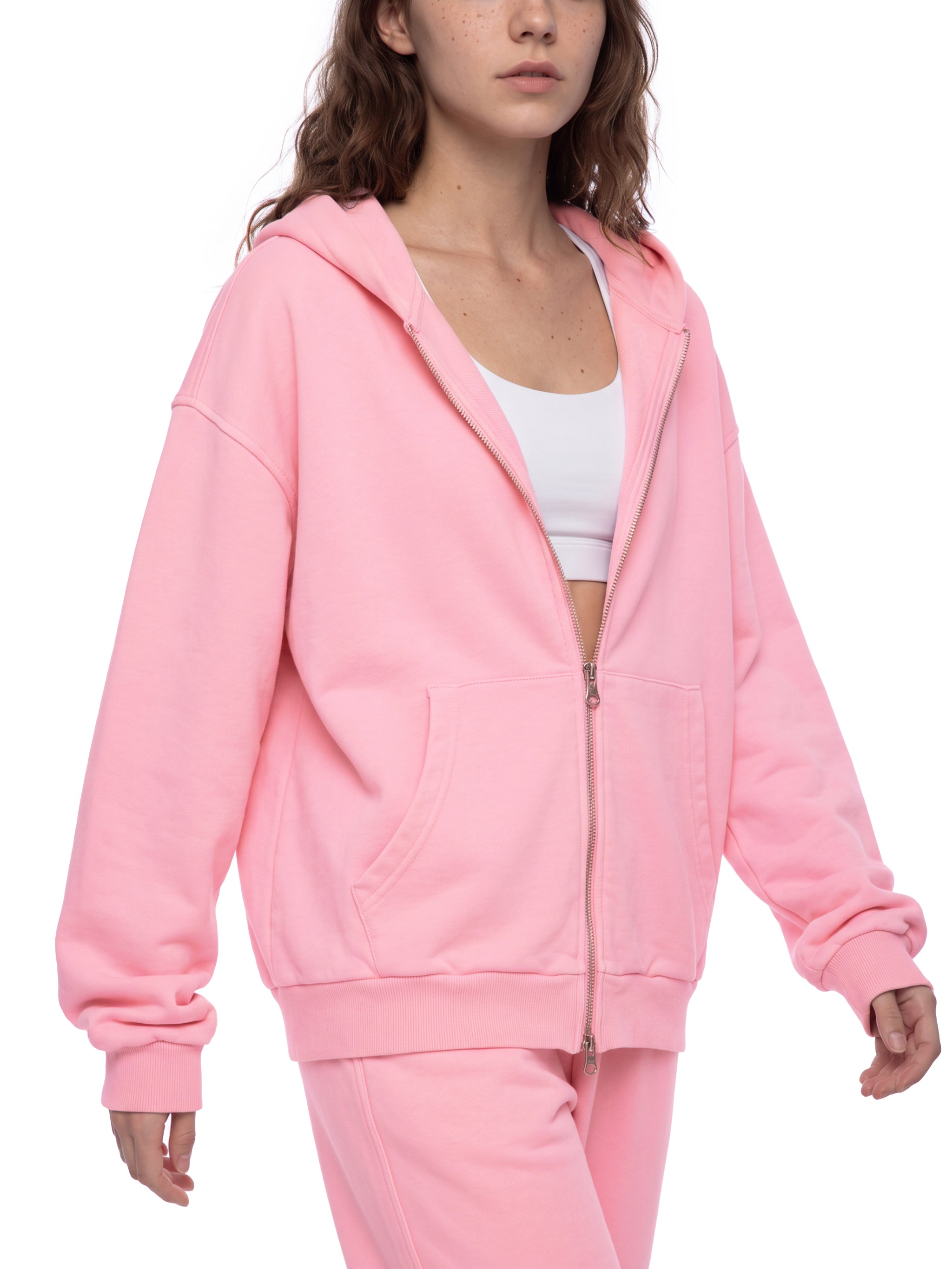 BLANKZ Mineral Wash Boxy Full Zip Hoodie — Pink, angled on model