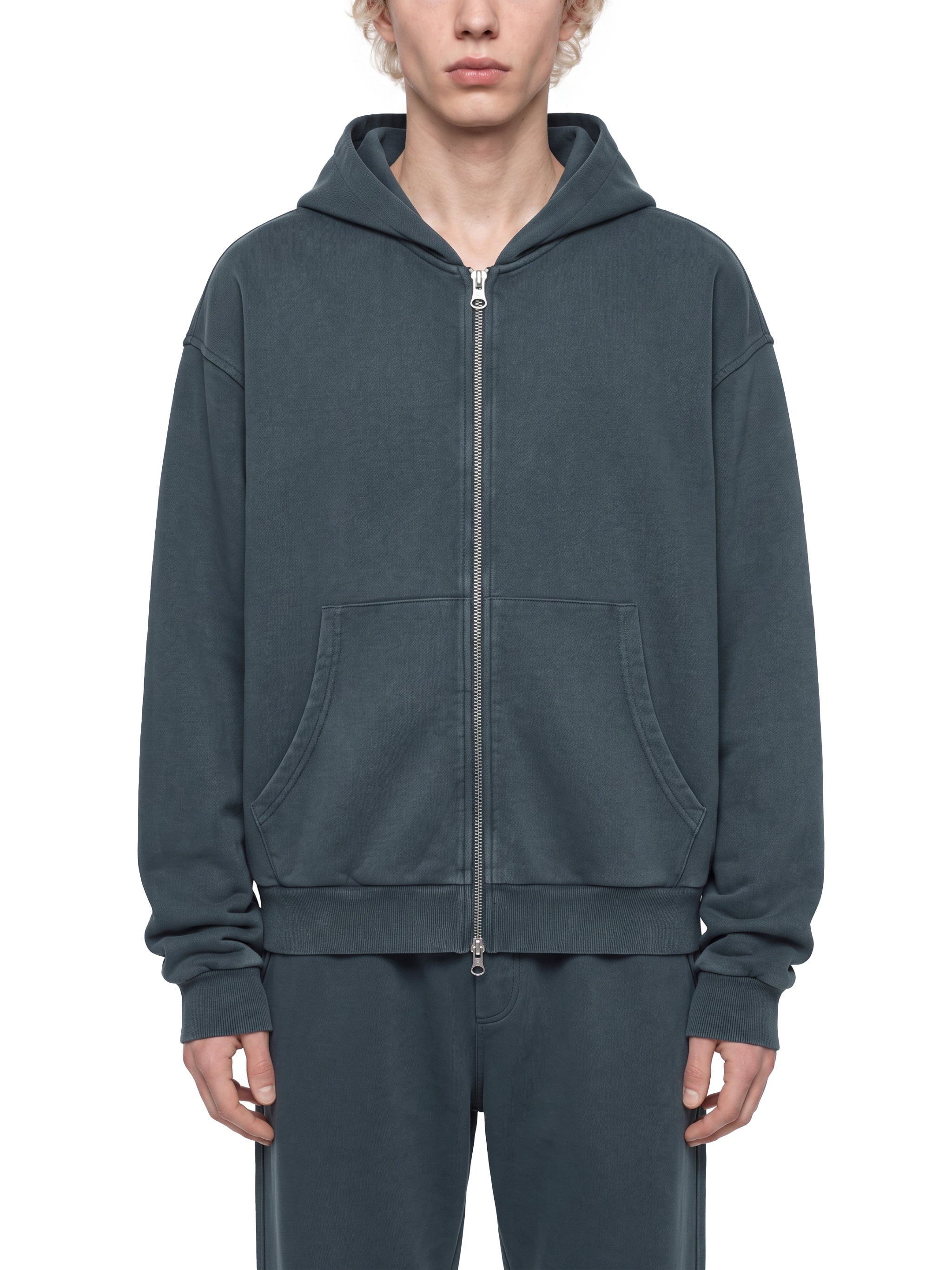 BLANKZ Mineral Wash Boxy Full Zip Hoodie — Navy Blue, front on model
