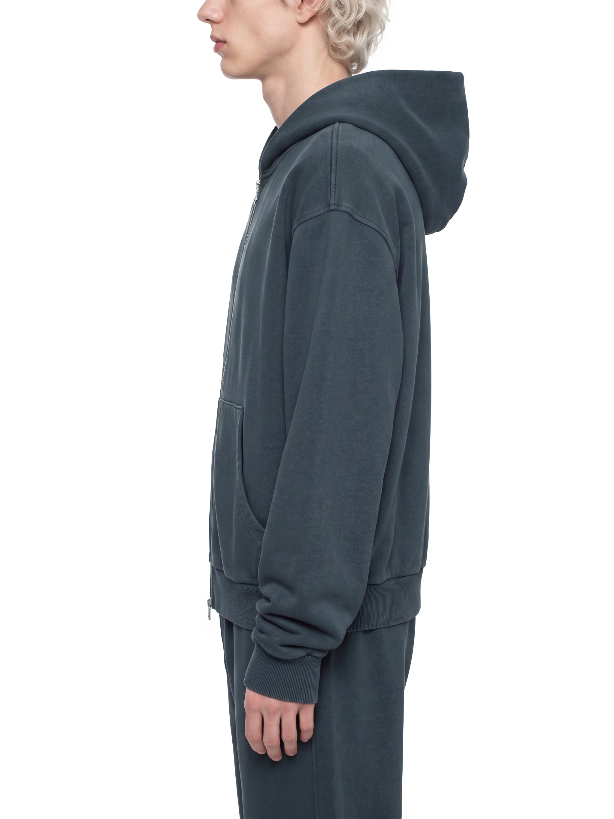 BLANKZ Mineral Wash Boxy Full Zip Hoodie — Navy Blue, side on model