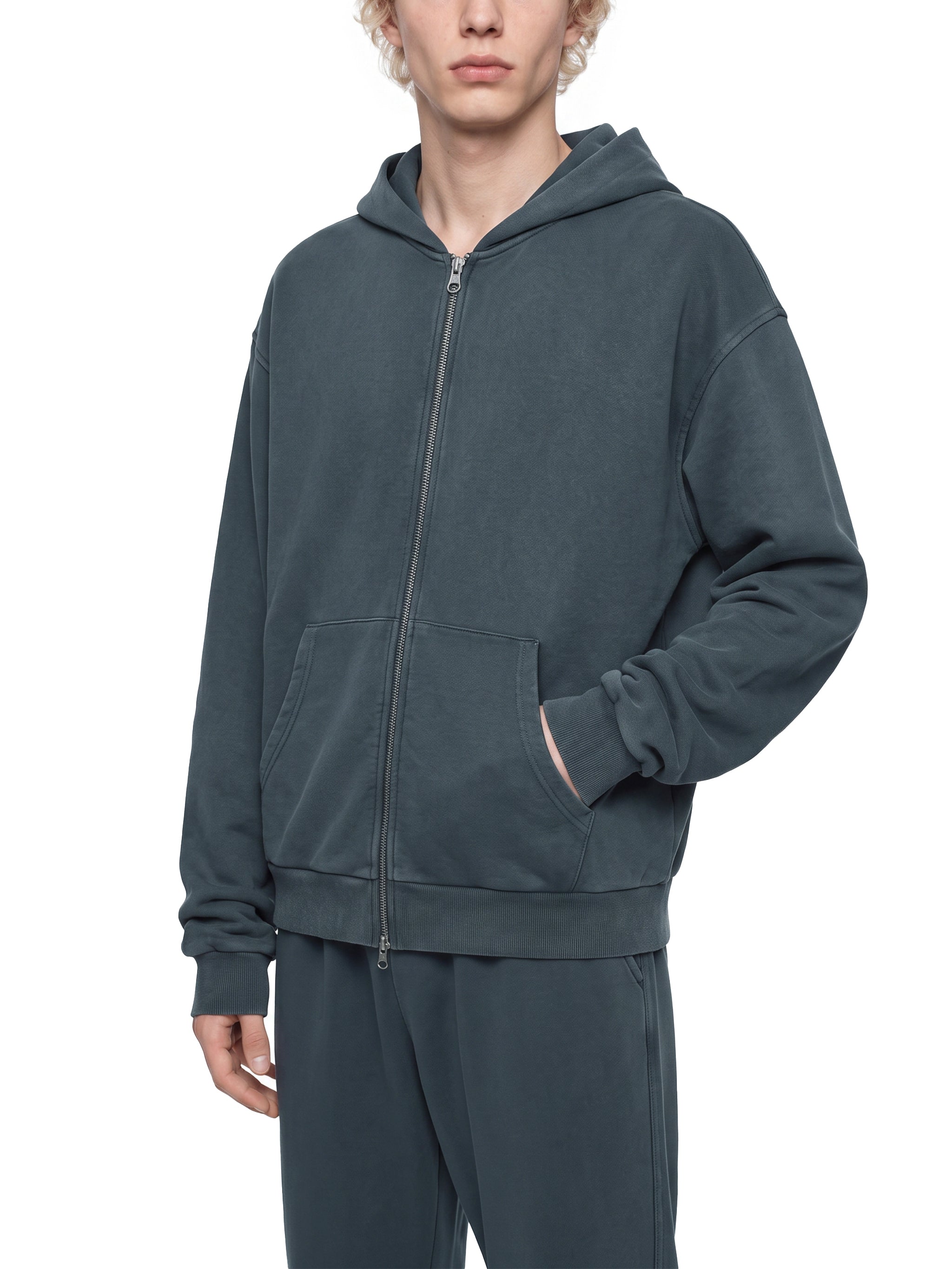 BLANKZ Mineral Wash Boxy Full Zip Hoodie — Navy Blue, relaxed front on model