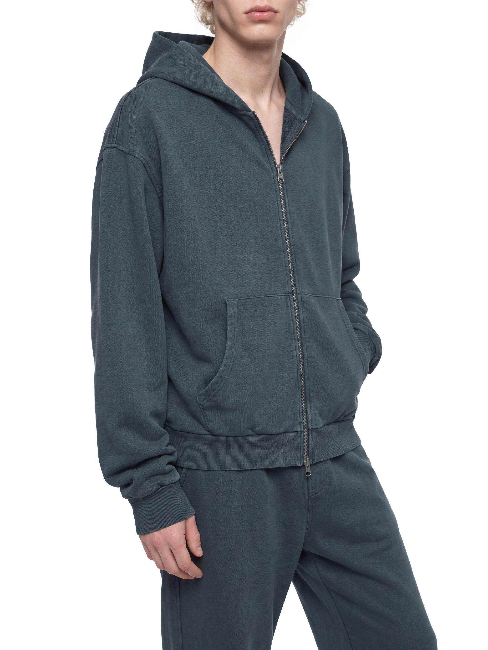 BLANKZ Mineral Wash Boxy Full Zip Hoodie — Navy Blue, angled on model