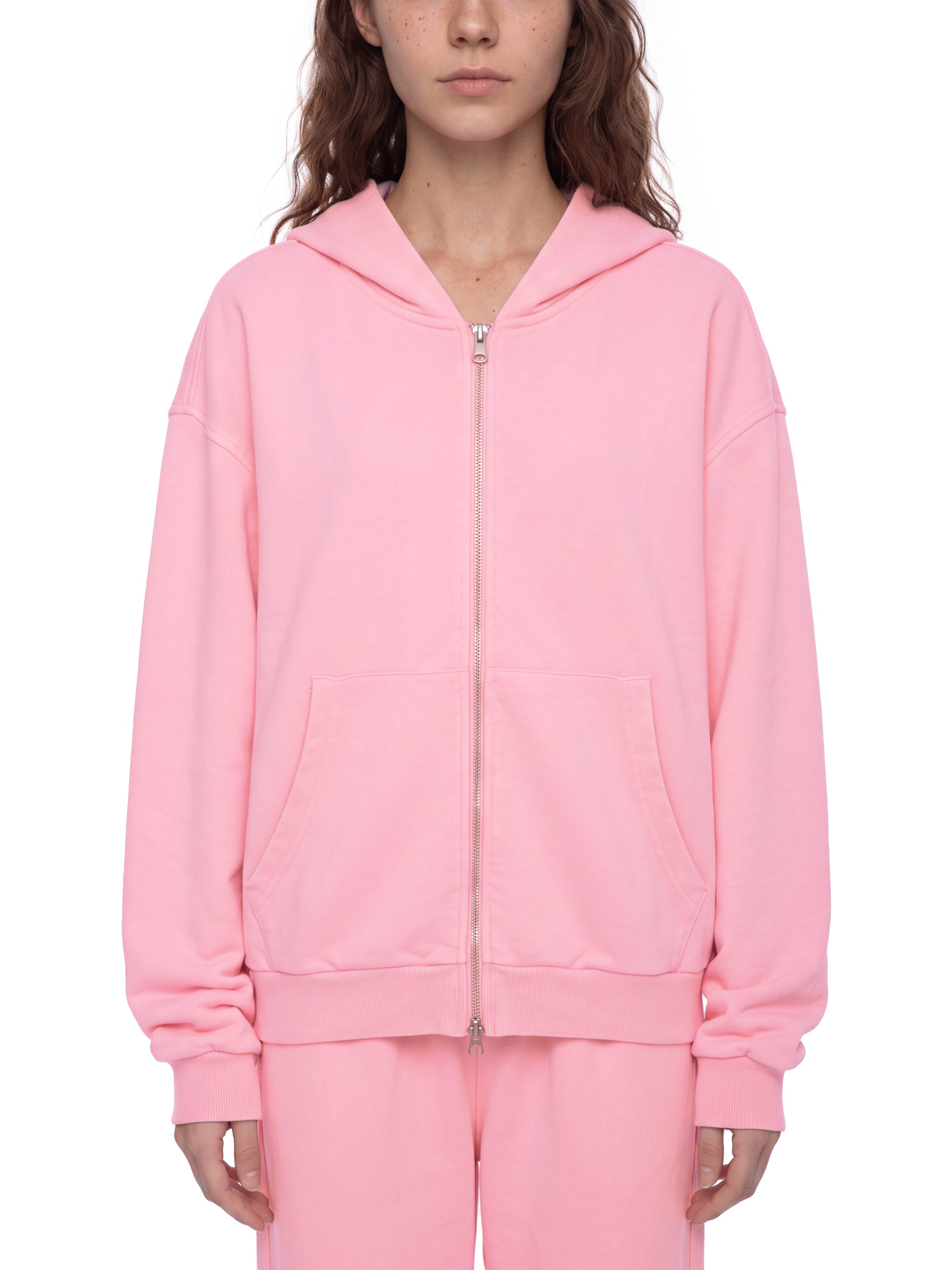 BLANKZ Mineral Wash Boxy Full Zip Hoodie — Pink, front on model