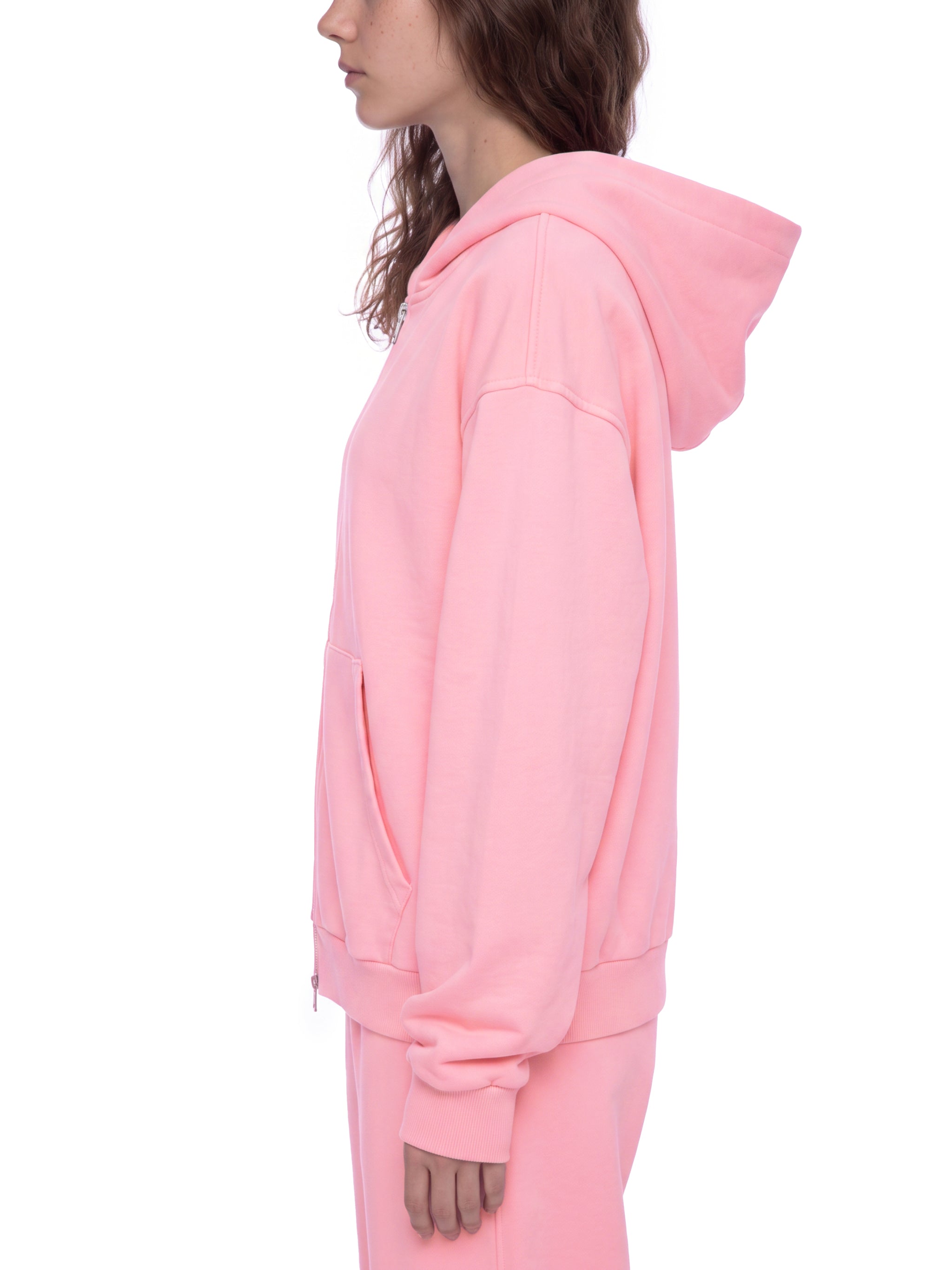 BLANKZ Mineral Wash Boxy Full Zip Hoodie — Pink, side on model