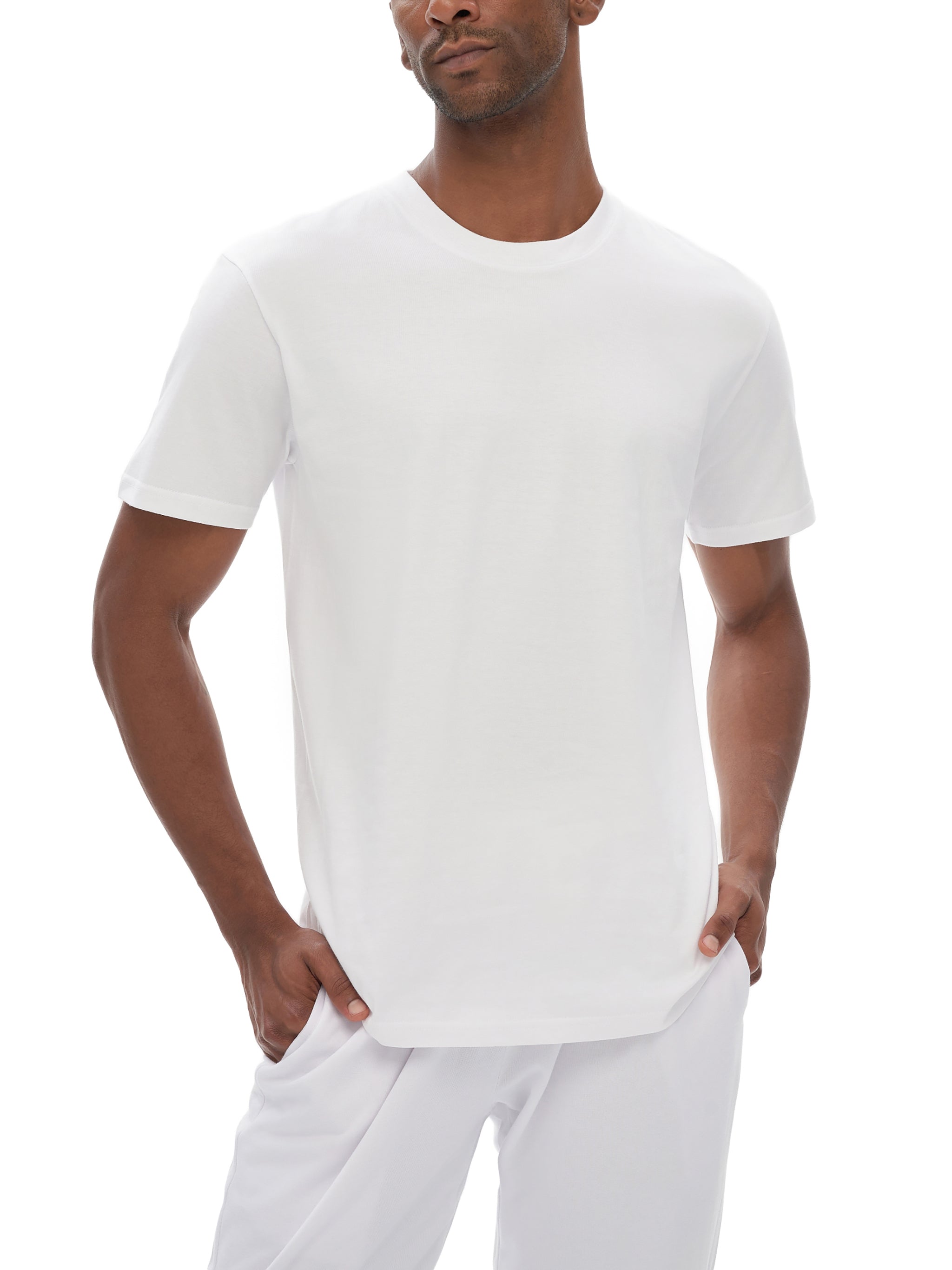 BLANKZ Seamless Cotton Tee — White, model front three-quarter view