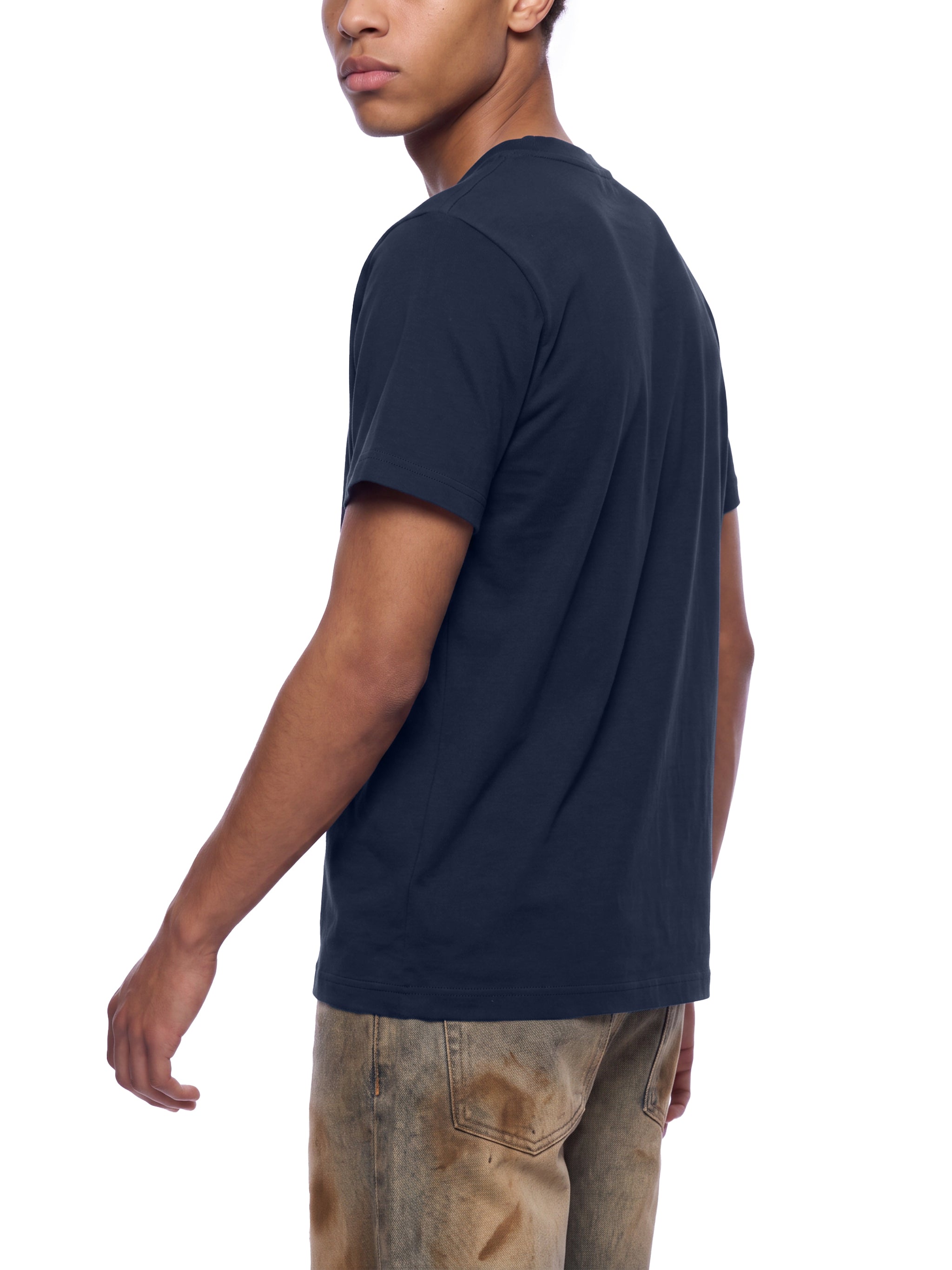 BLANKZ Sorona Crew Tee — Navy Blue, model rear three-quarter view