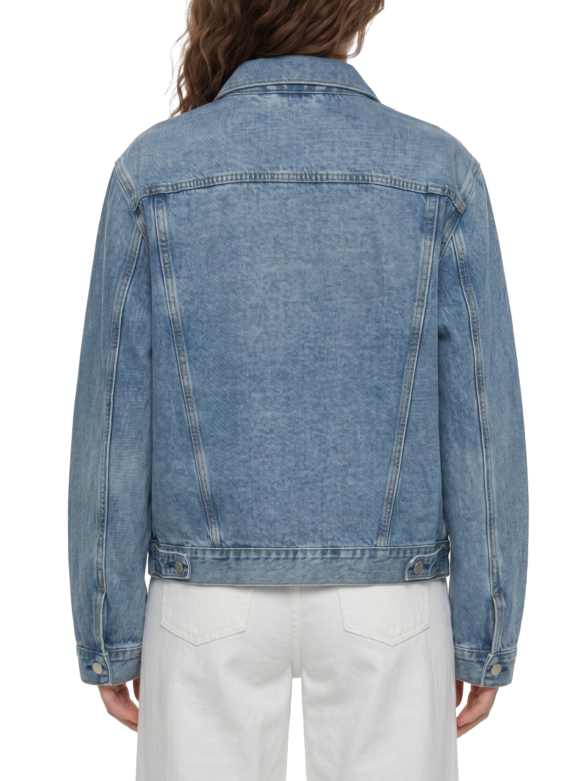 BLANKZ Classic Washed Denim Jacket — Blue, back on female model