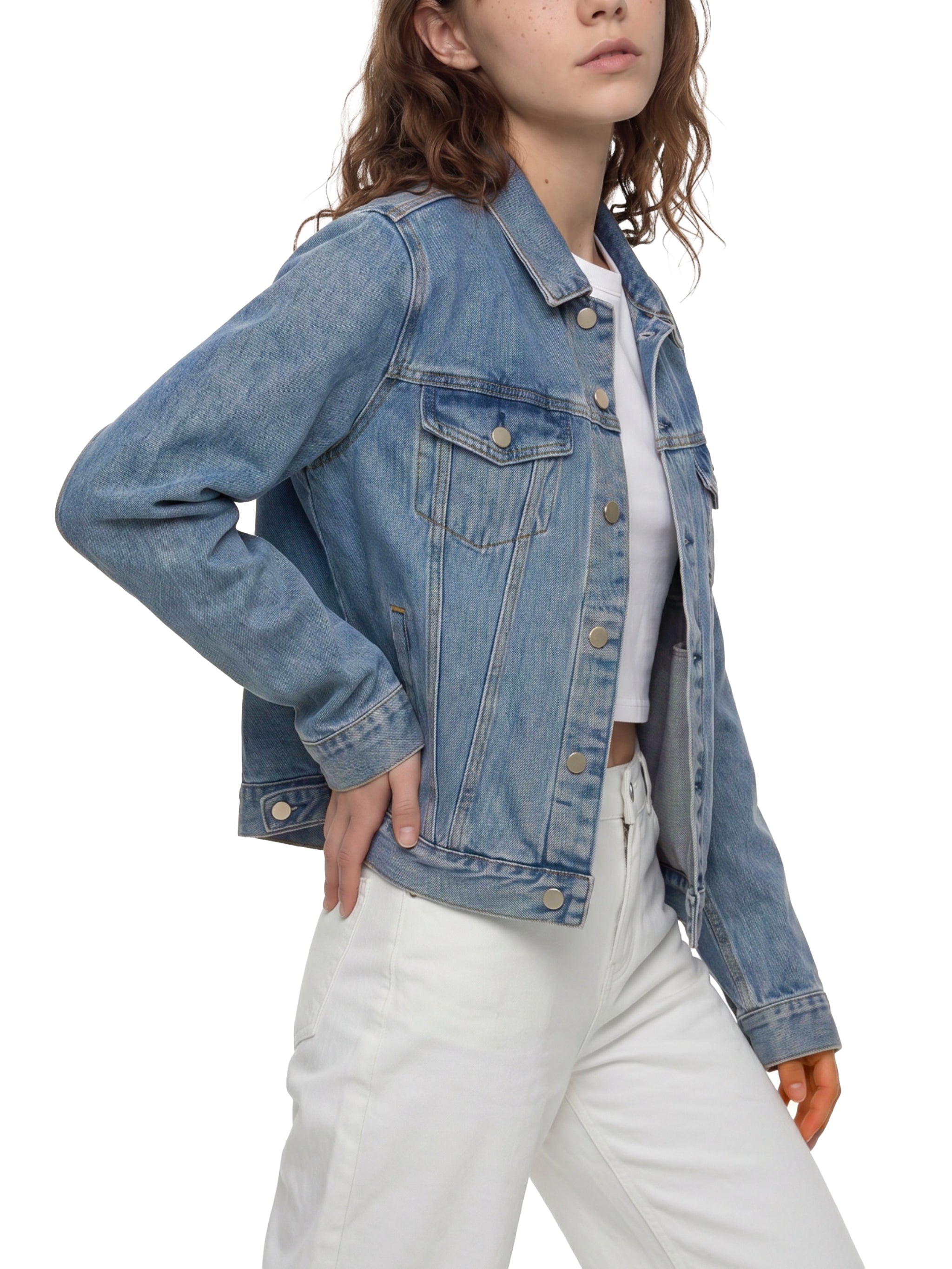 BLANKZ Classic Washed Denim Jacket — Blue, angled front on female model