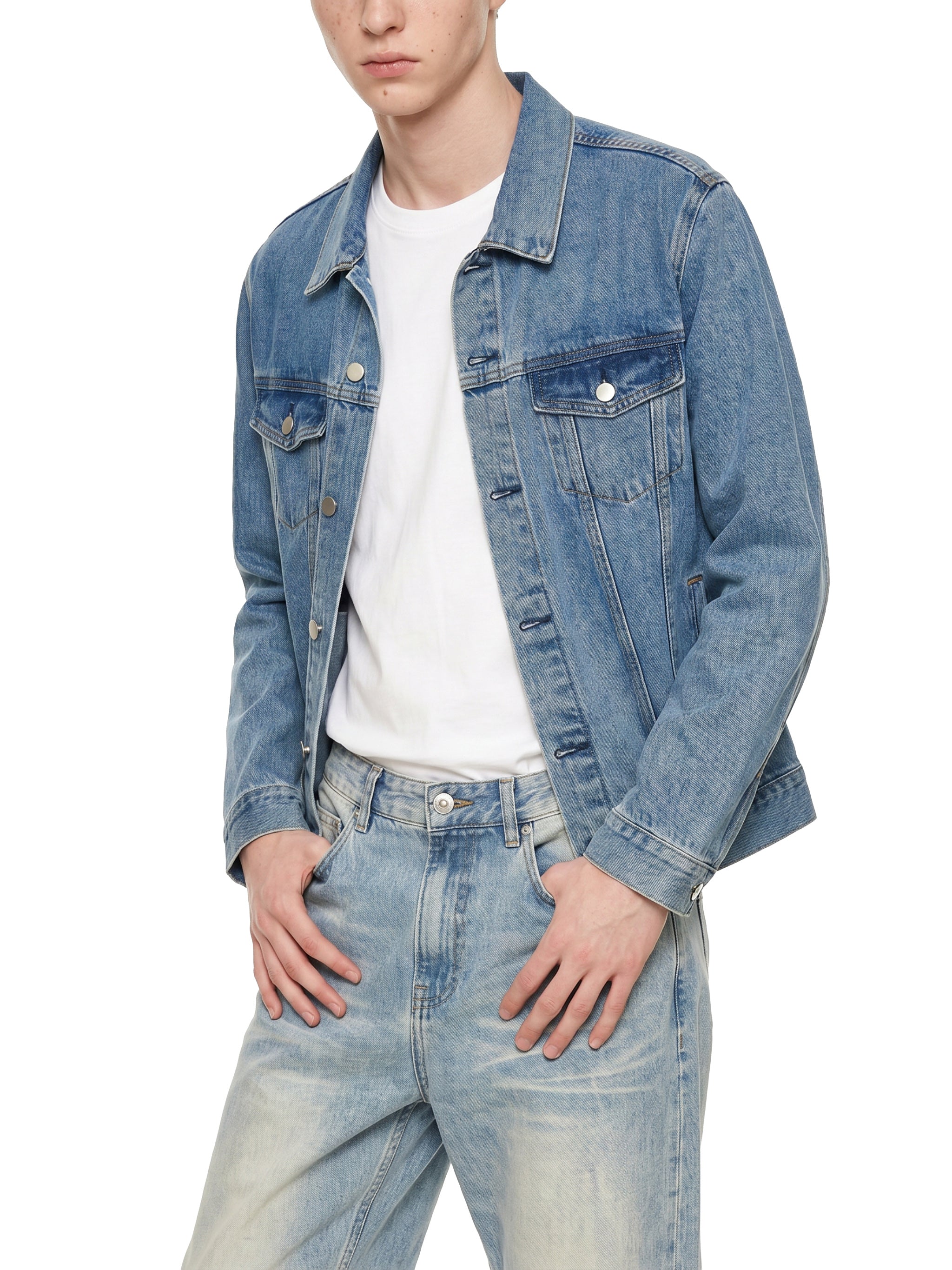 BLANKZ Classic Washed Denim Jacket — Blue, open front on male model