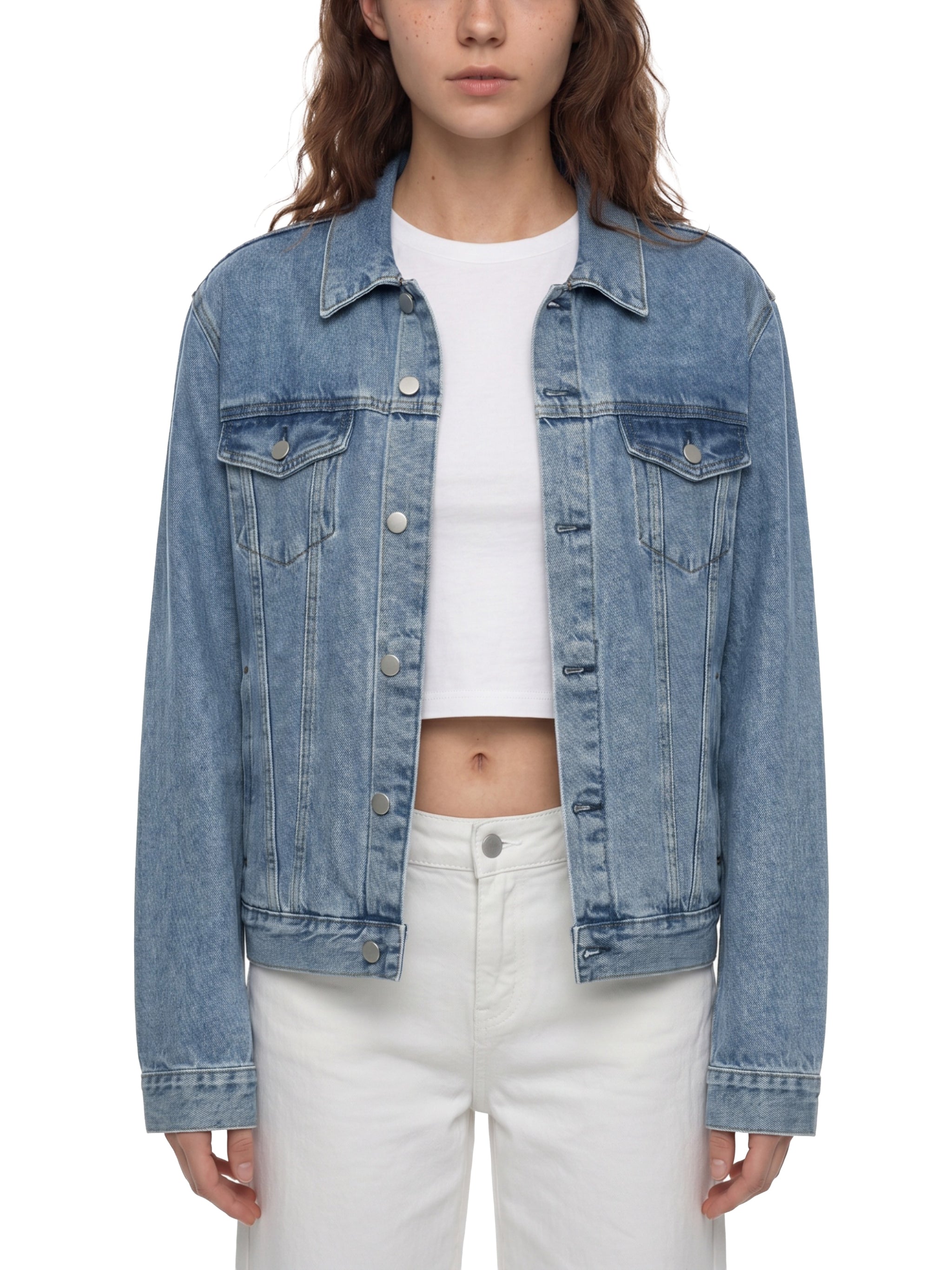 BLANKZ Classic Washed Denim Jacket — Blue, front on female model