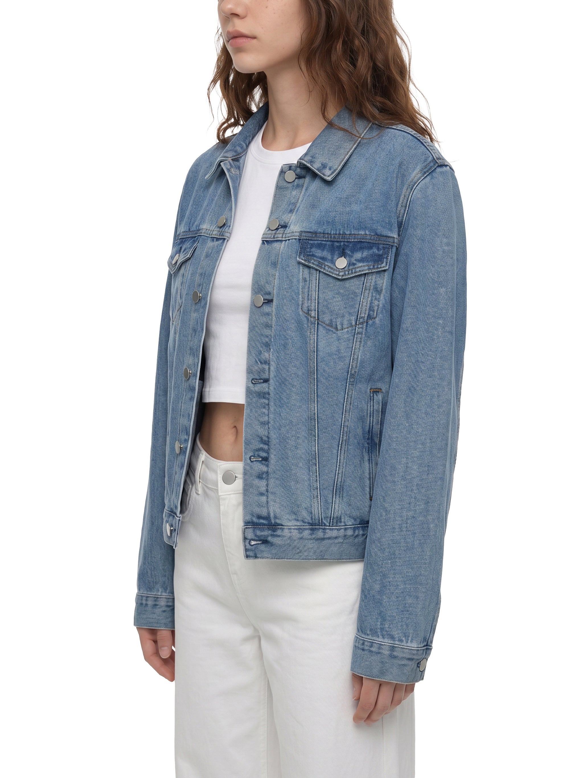 BLANKZ Classic Washed Denim Jacket — Blue, side on female model