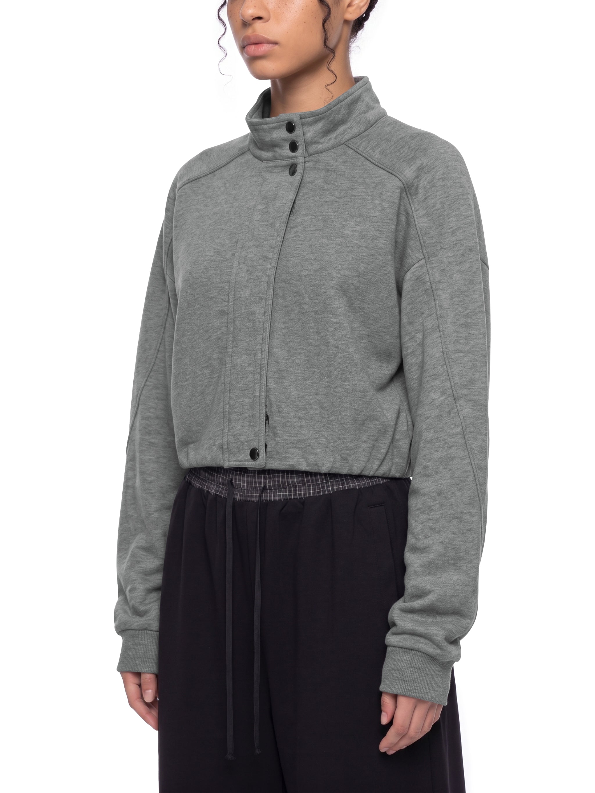 BLANKZ Button-Front Jacket — Flower Gray, angled front on model