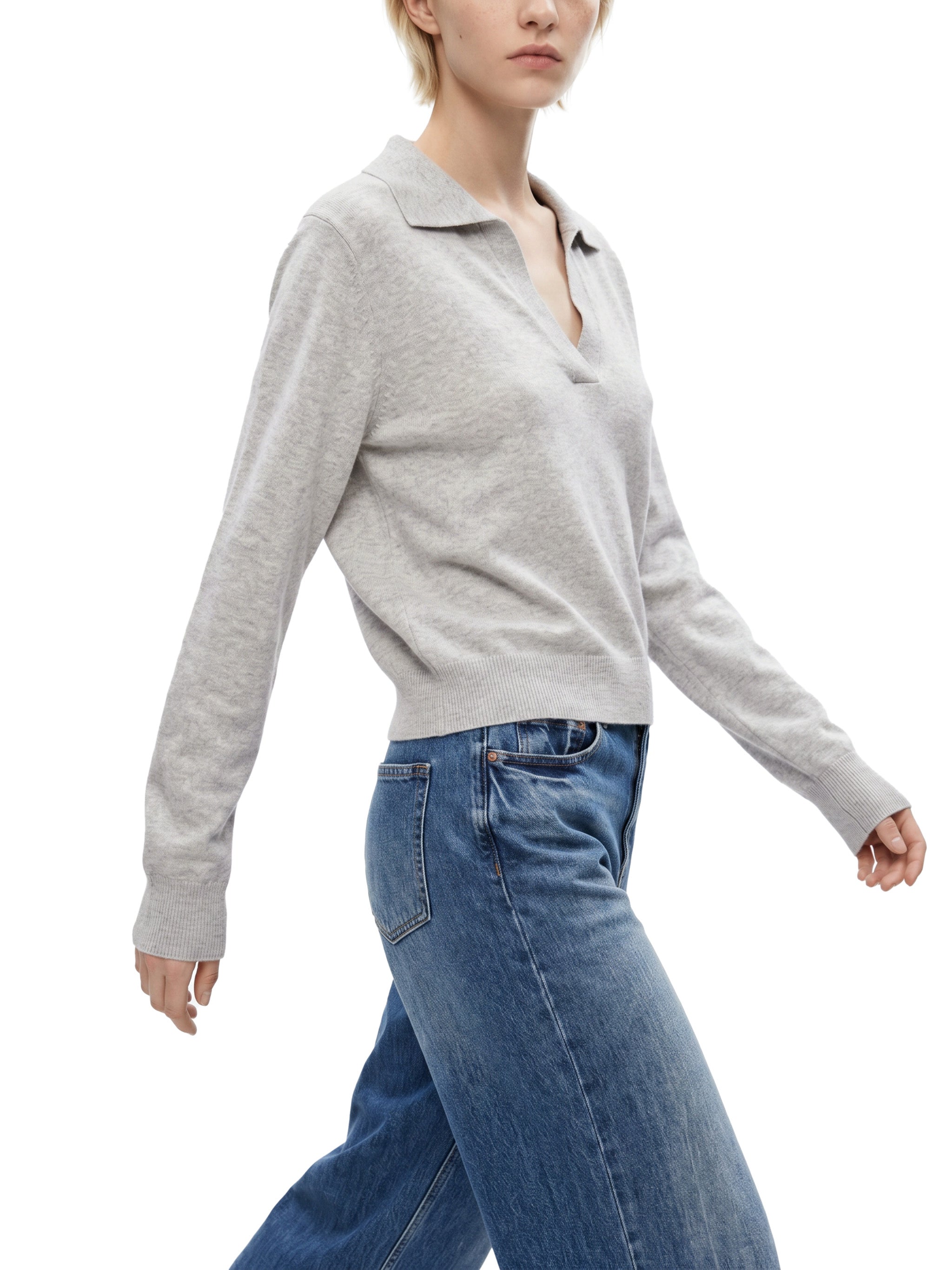BLANKZ Collared Pullover Knit Sweater — Oat Gray, walking side view
