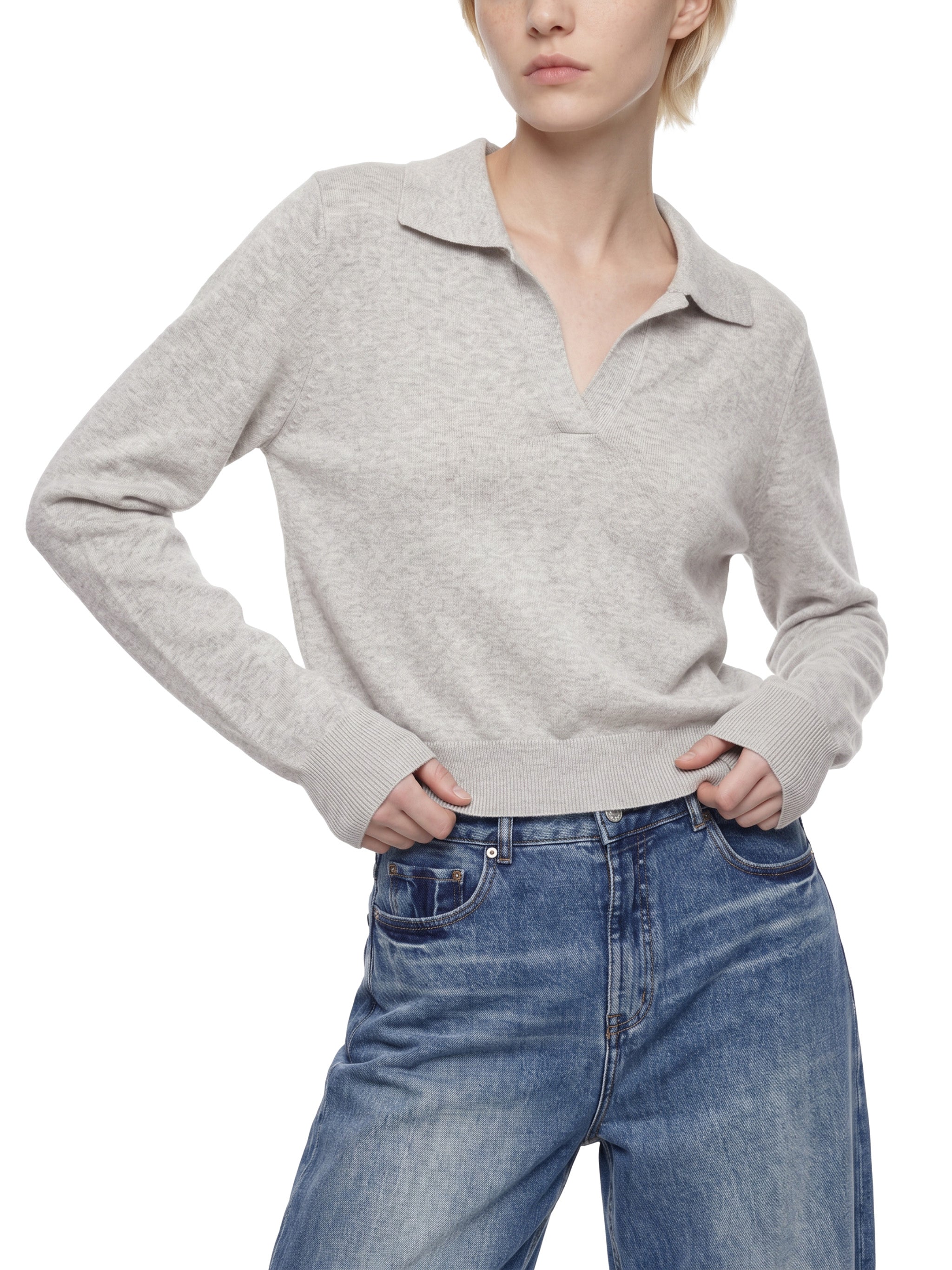 BLANKZ Collared Pullover Knit Sweater — Oat Gray, styled front view
