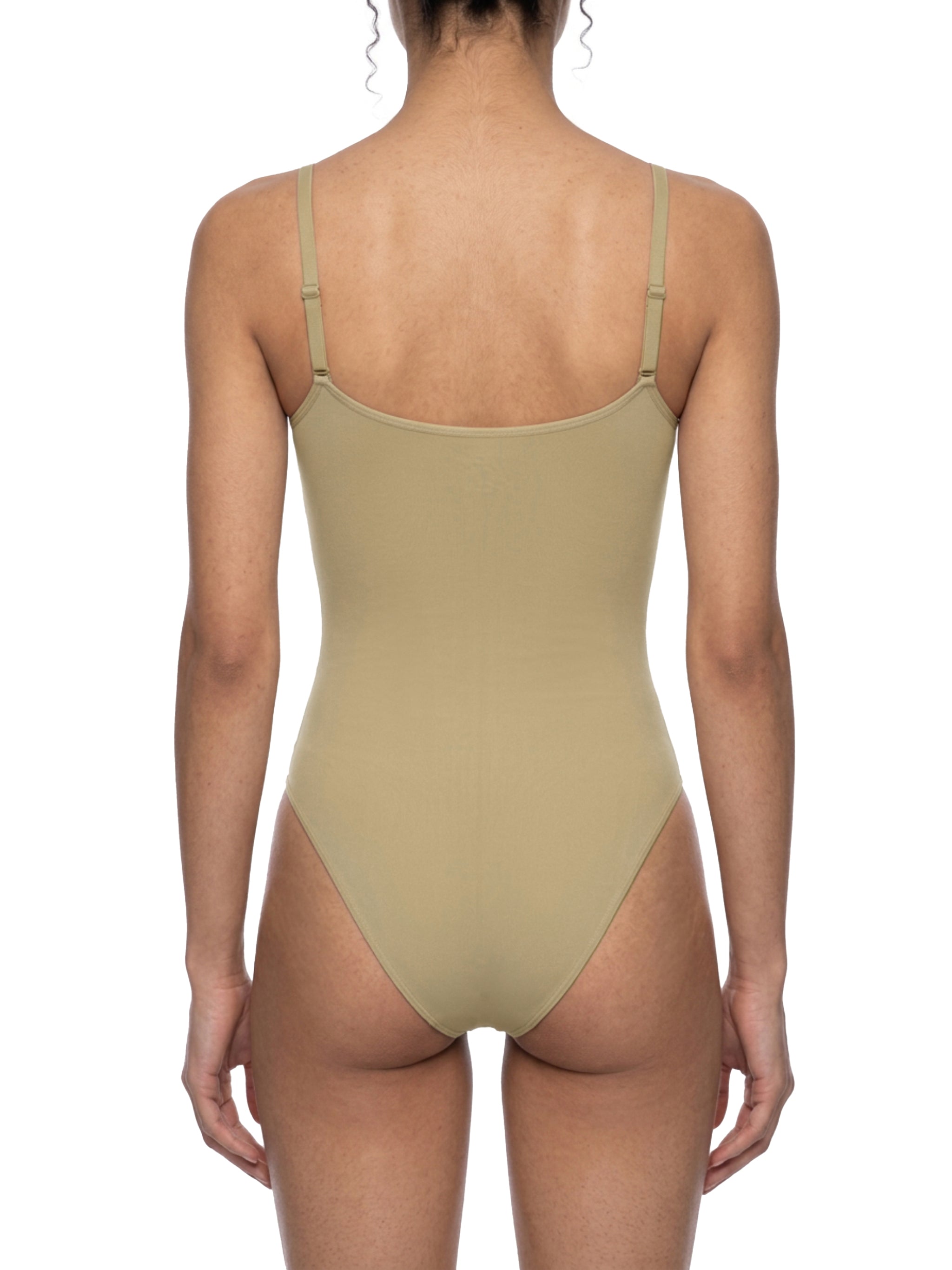 BLANKZ Full-Zip Ruched Bodysuit — Khaki, back on model