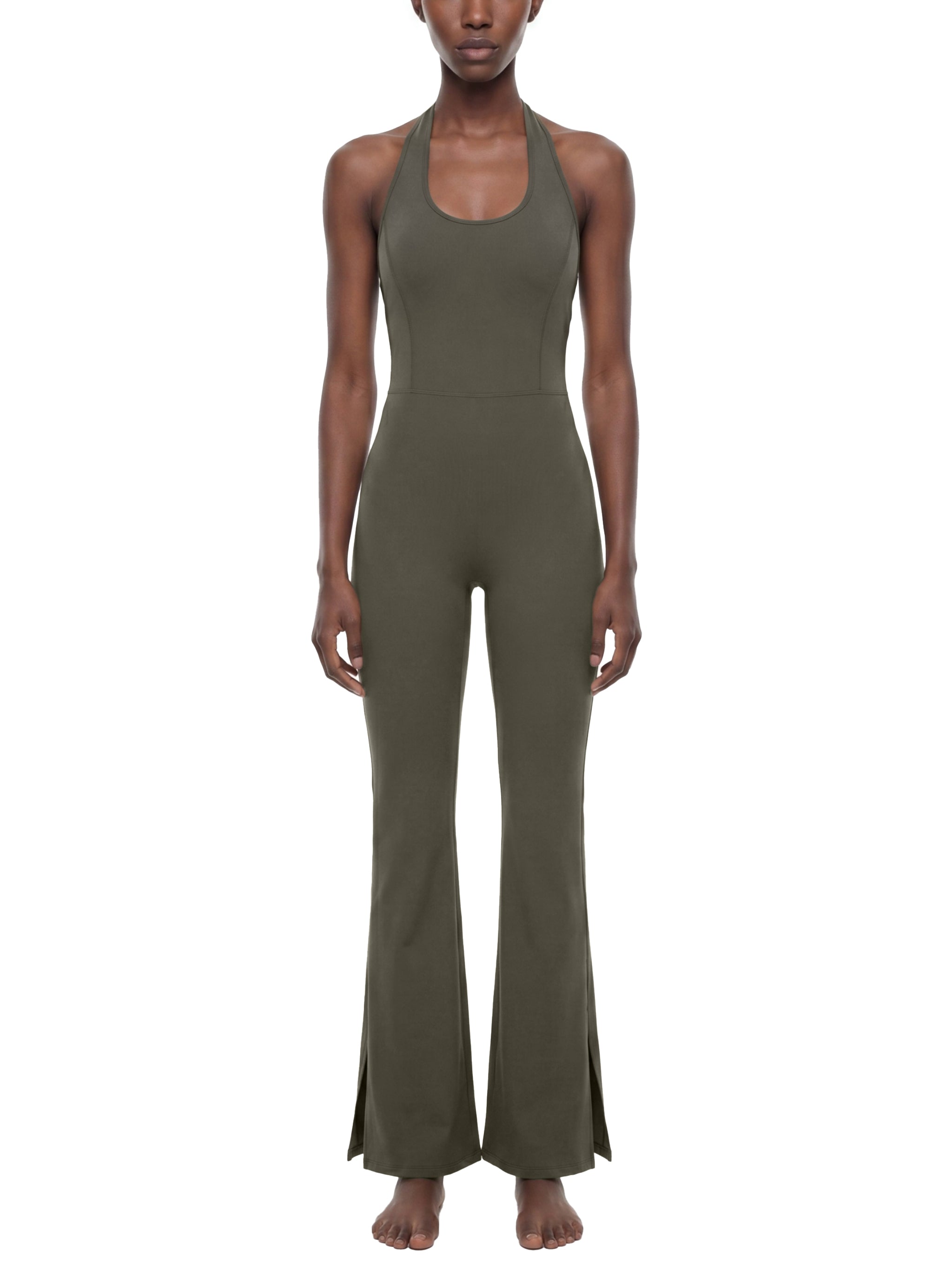 BLANKZ Halter Flared Jumpsuit — Army Green — worn front view