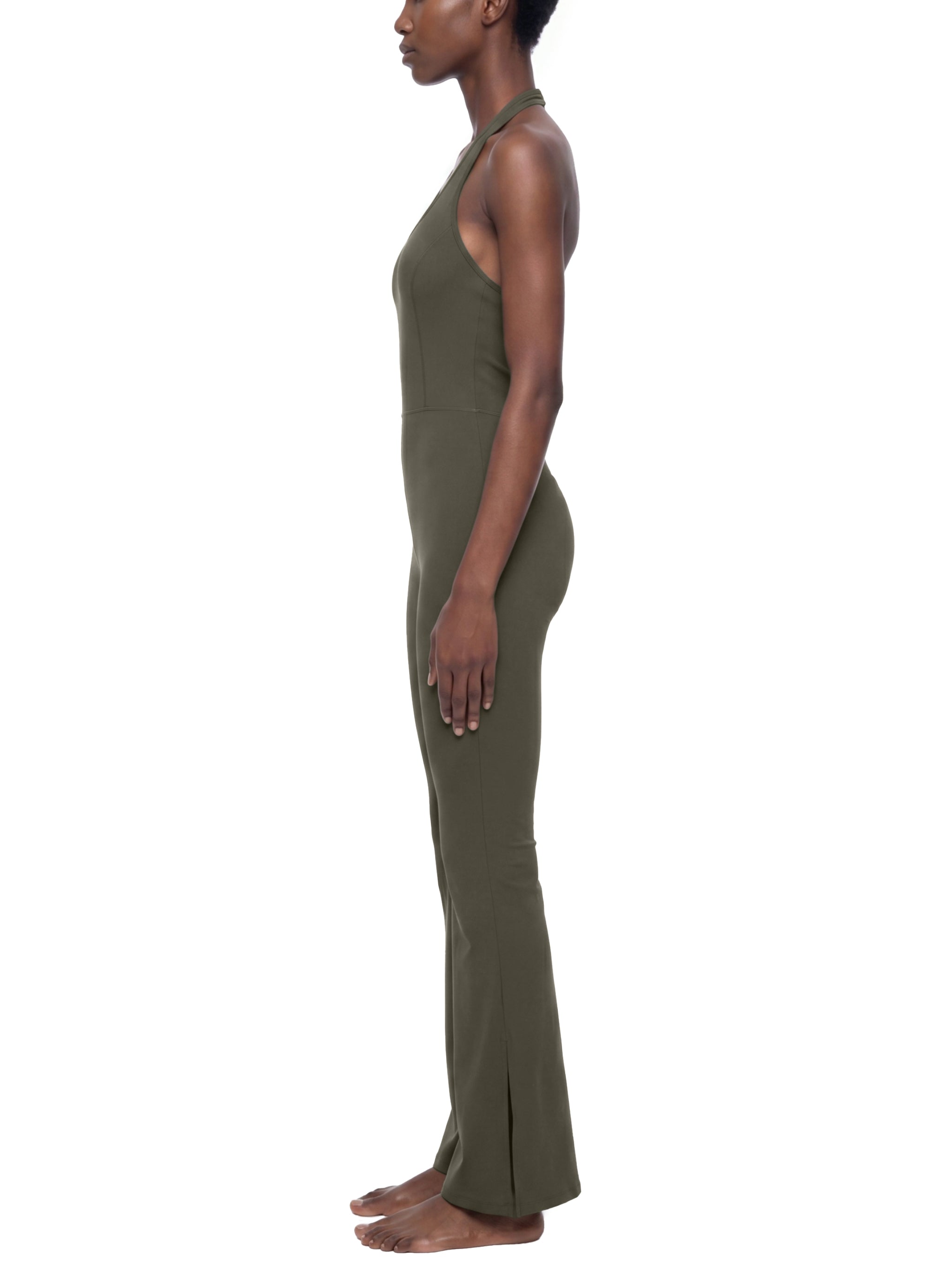BLANKZ Halter Flared Jumpsuit — Army Green — worn side view